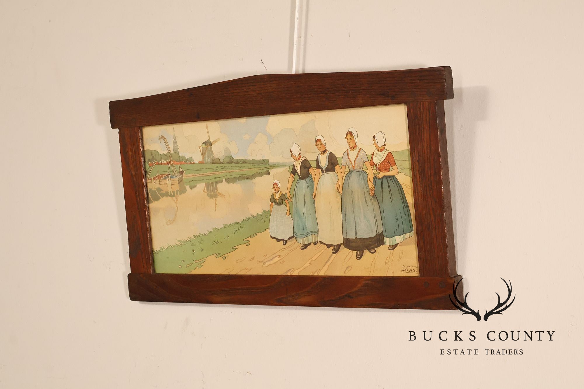 Henri Cassiers Dutch Village Scene Print in Arts & Crafts Oak Frame