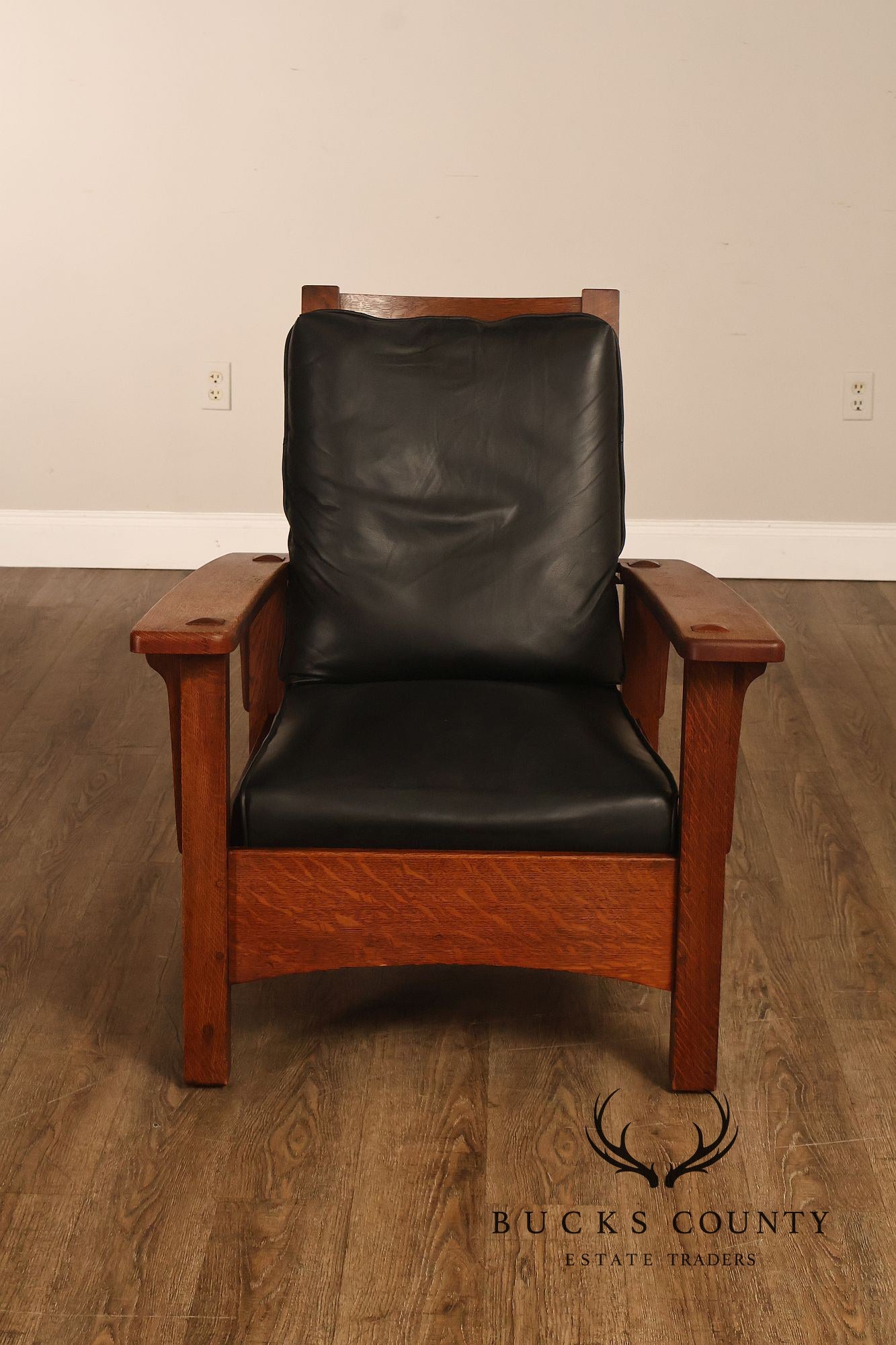 Antique Limbert Arts And Crafts Oak Morris Chair With Leather Cushions
