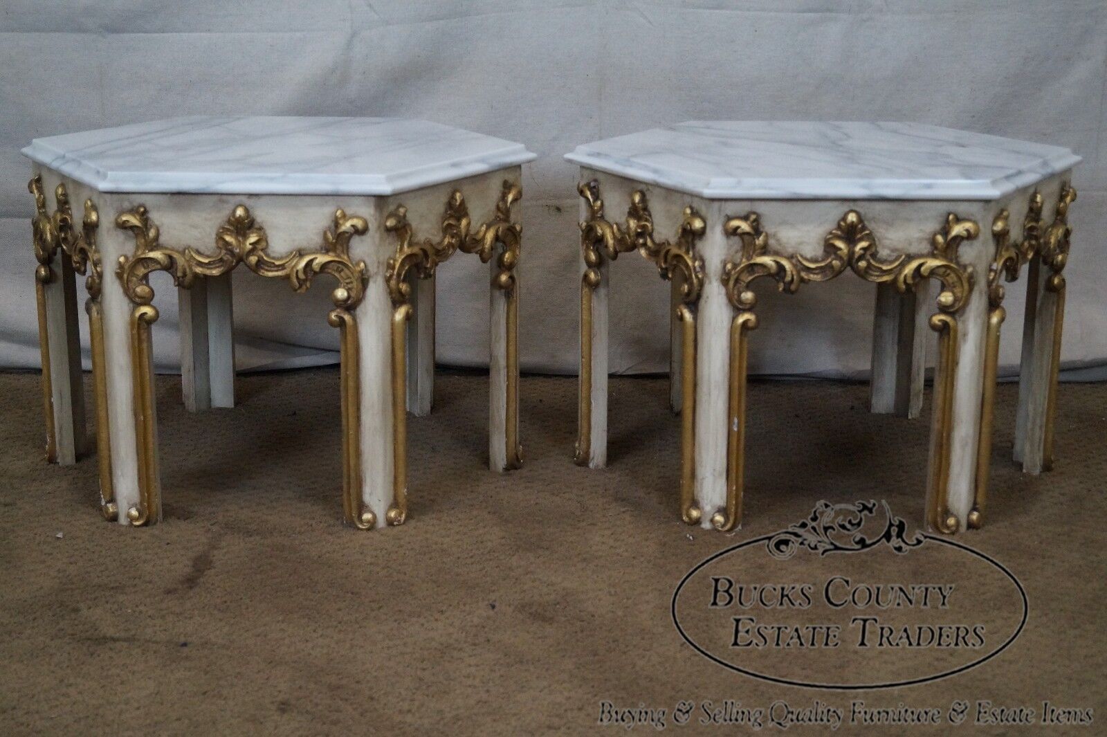 Quality Pair of Hollywood Regency Partial Gilt Hexagon Marble Top Side Tables