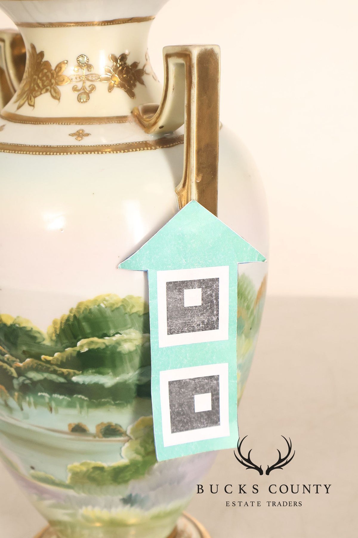 Antique Hand Painted Nippon Porcelain Twin Handle Landscape Urn With Gilt Decoration