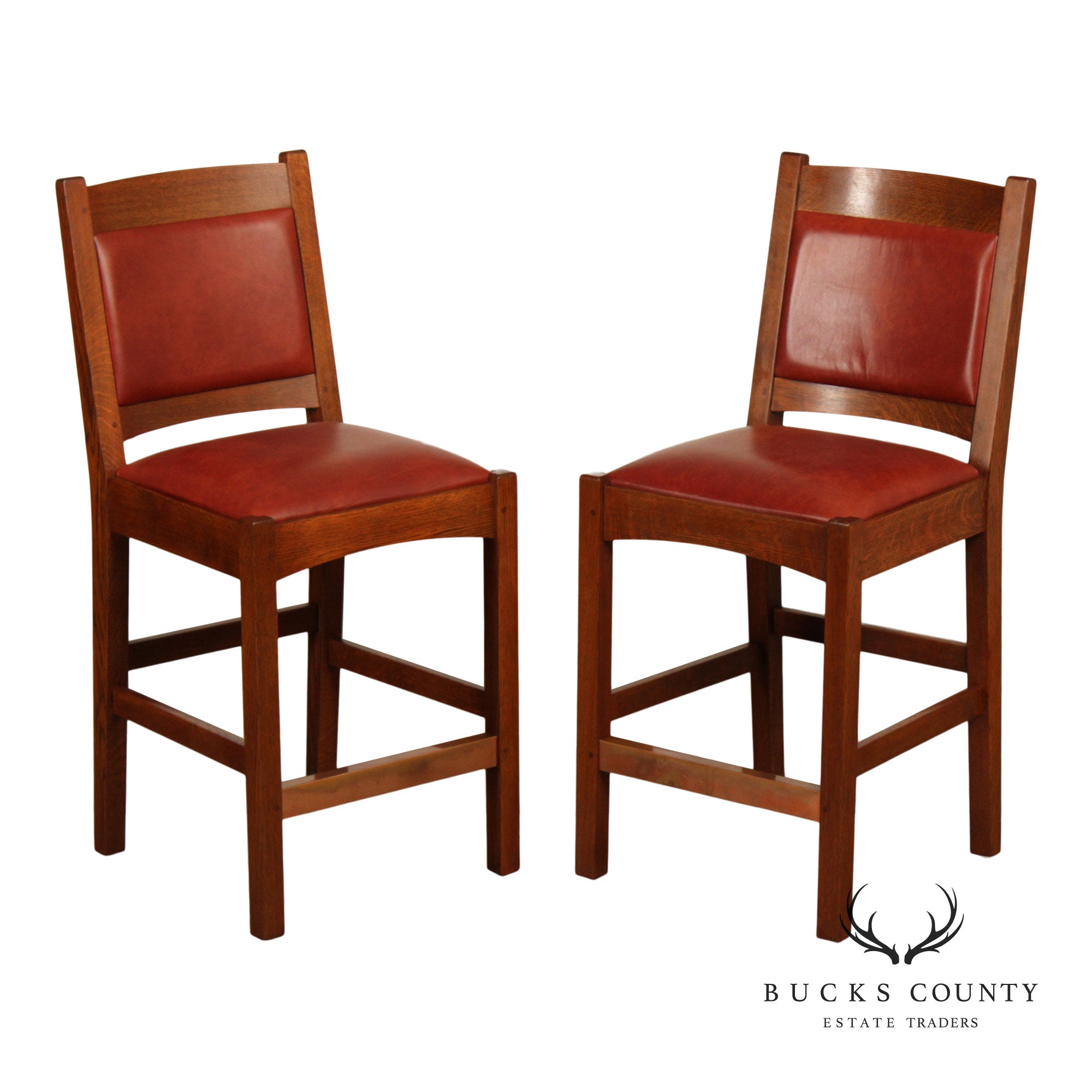 Stickley Mission Collection Pair of Oak And Leather Counter Stools