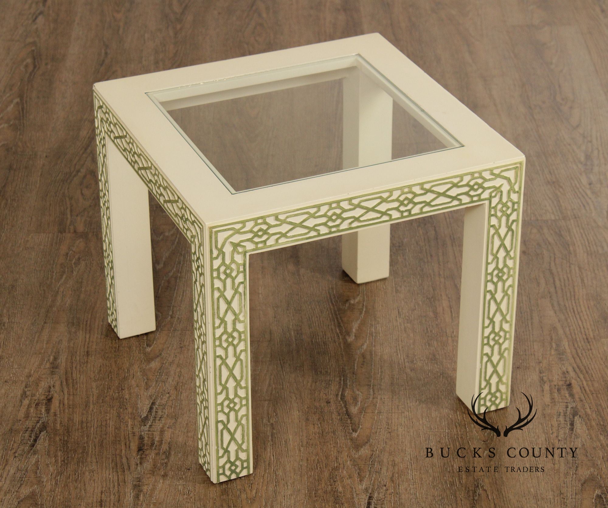 Hollywood Regency Pair Of Lacquered Greek Key Glass Top End Tables