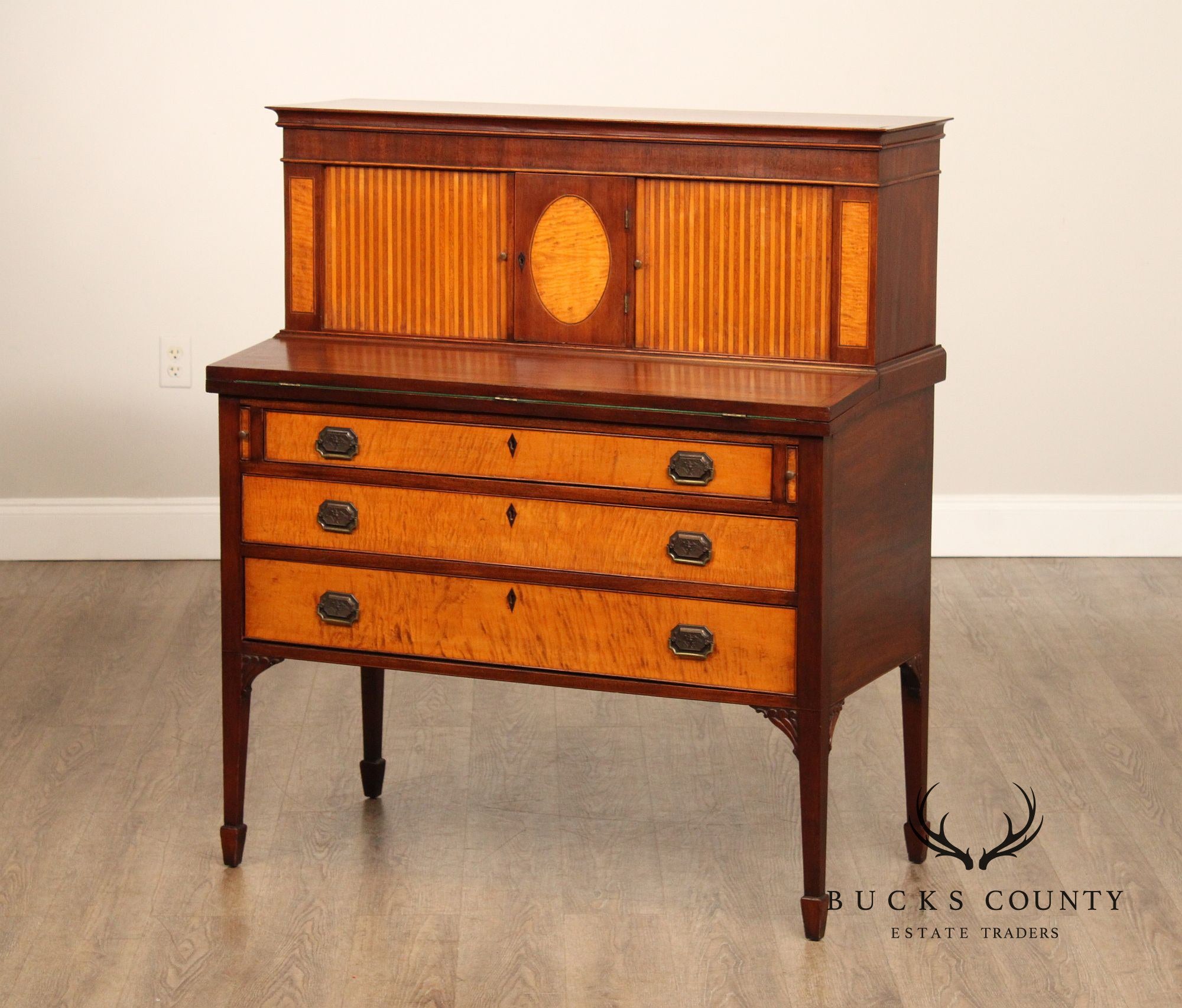 Federal Style Inlaid Mahogany And Tiger Maple Tambour Door Writing Desk