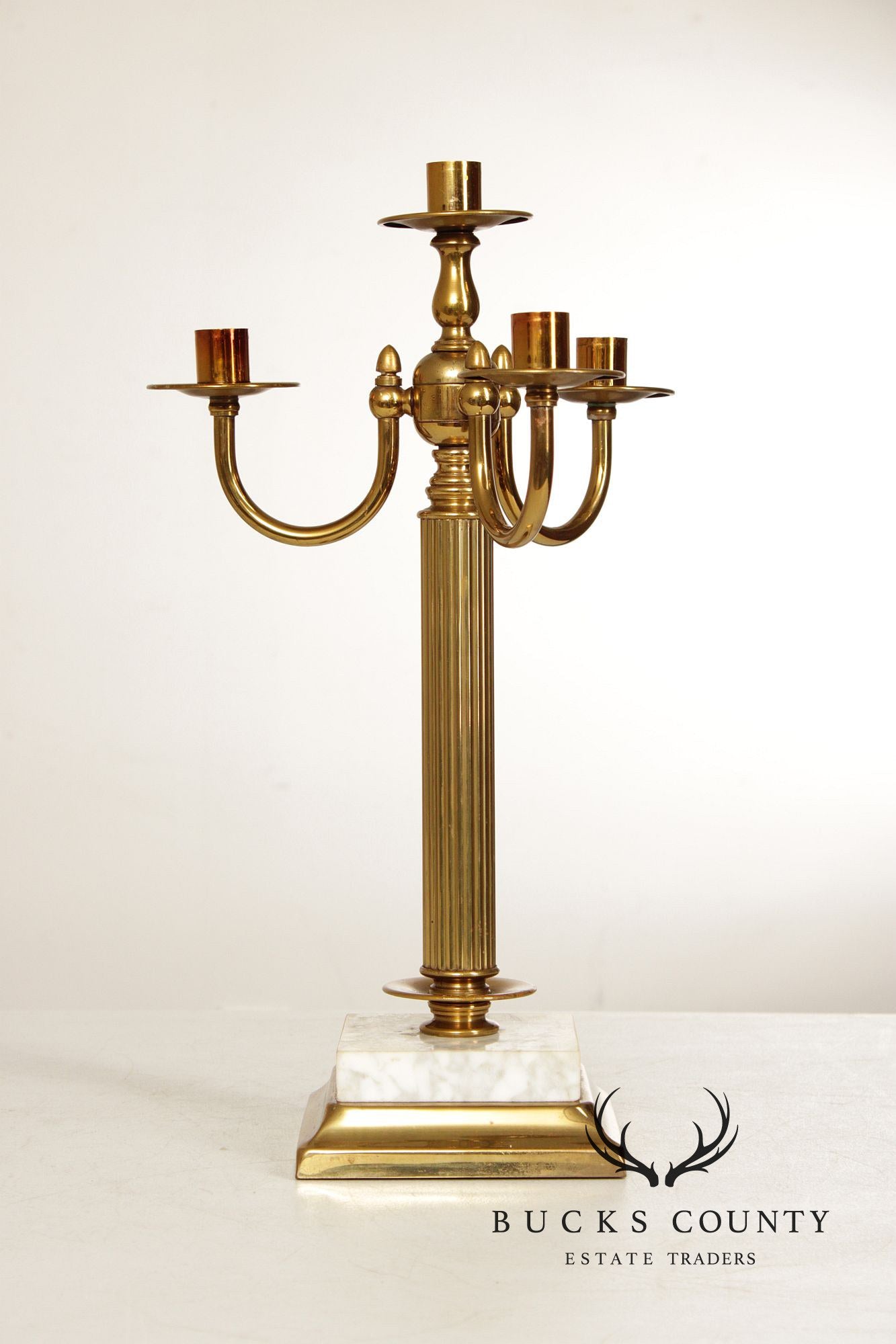 Classical Style Vintage Pair of Brass and Marble Candelabra