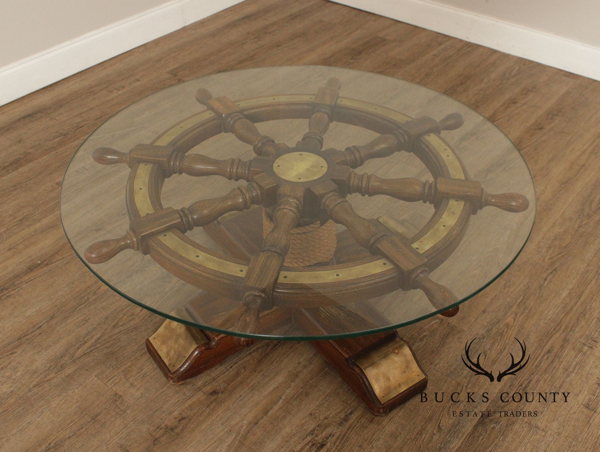 Nautical Ship's Wheel Vintage Round Glass Top Coffee Table