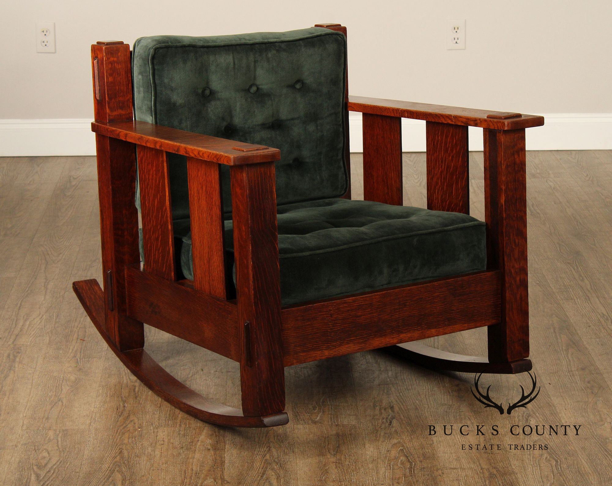 Stickley Brothers Antique Oak Arts & Crafts Rocking Chair With Green Upholstered Cushions