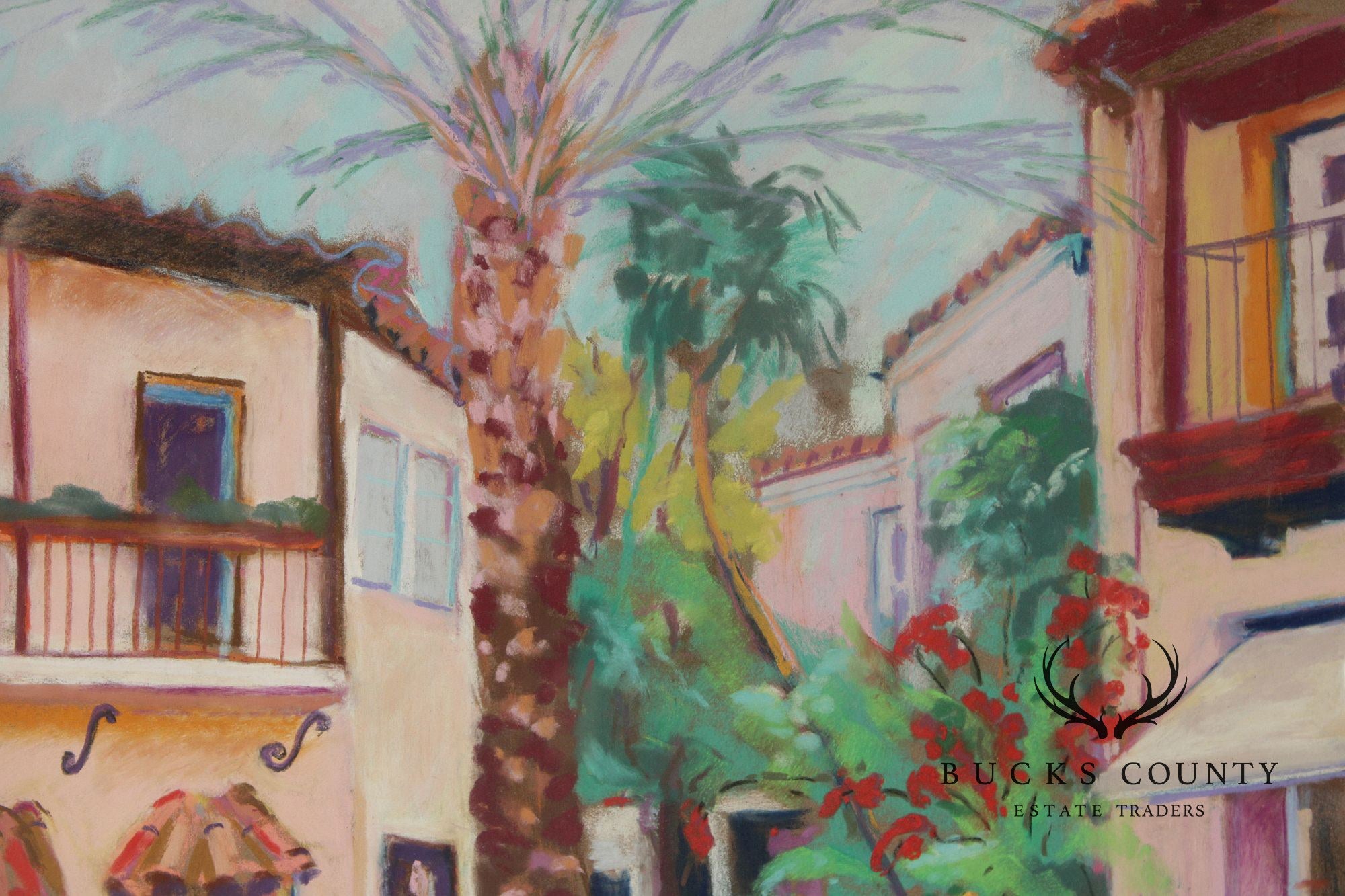 R. Hoefer Oil Pastel Painting, Spanish Courtyard