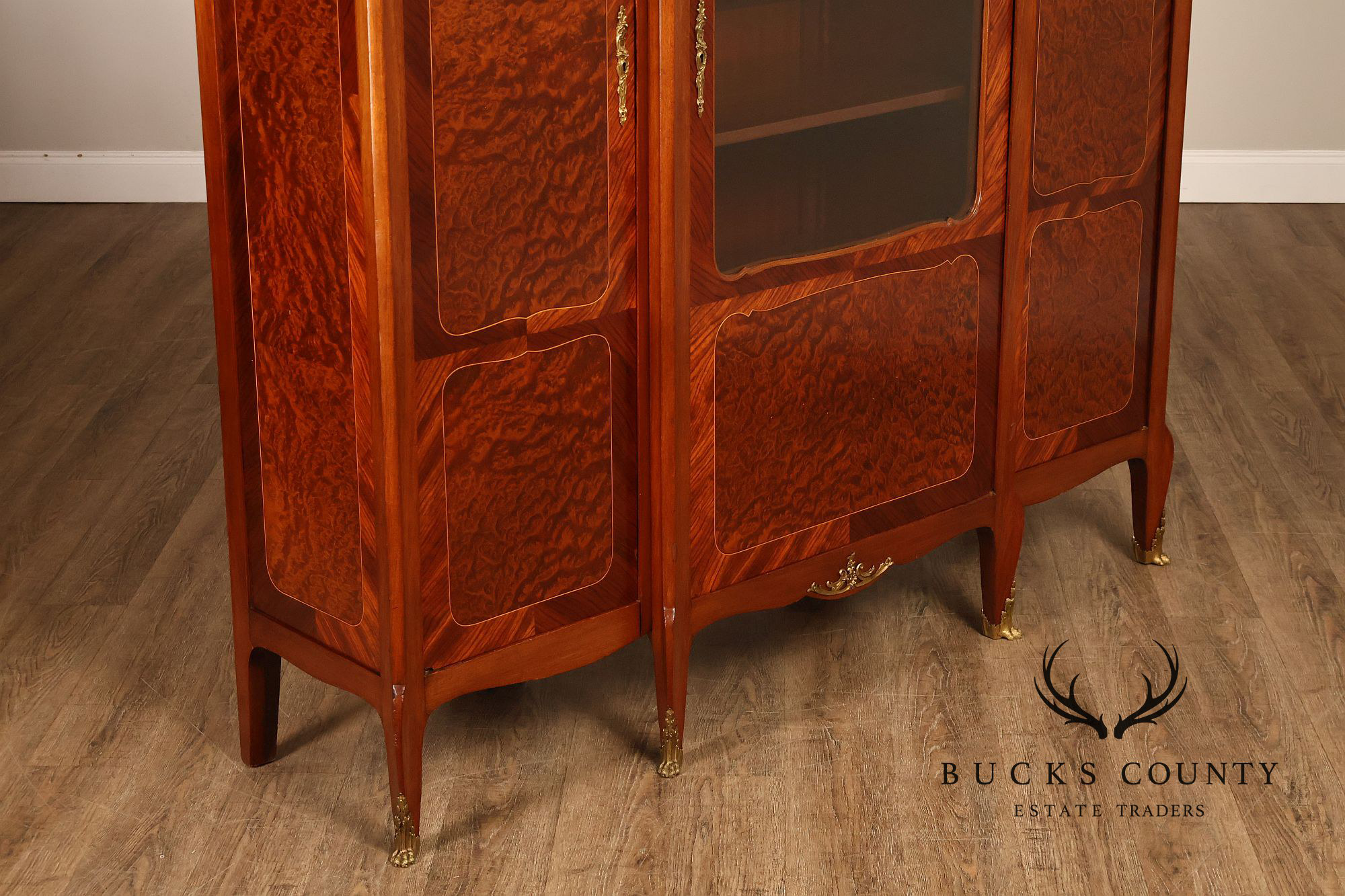 French Louis XV Style Burl Wood Three Door Bookcase Display Cabinet