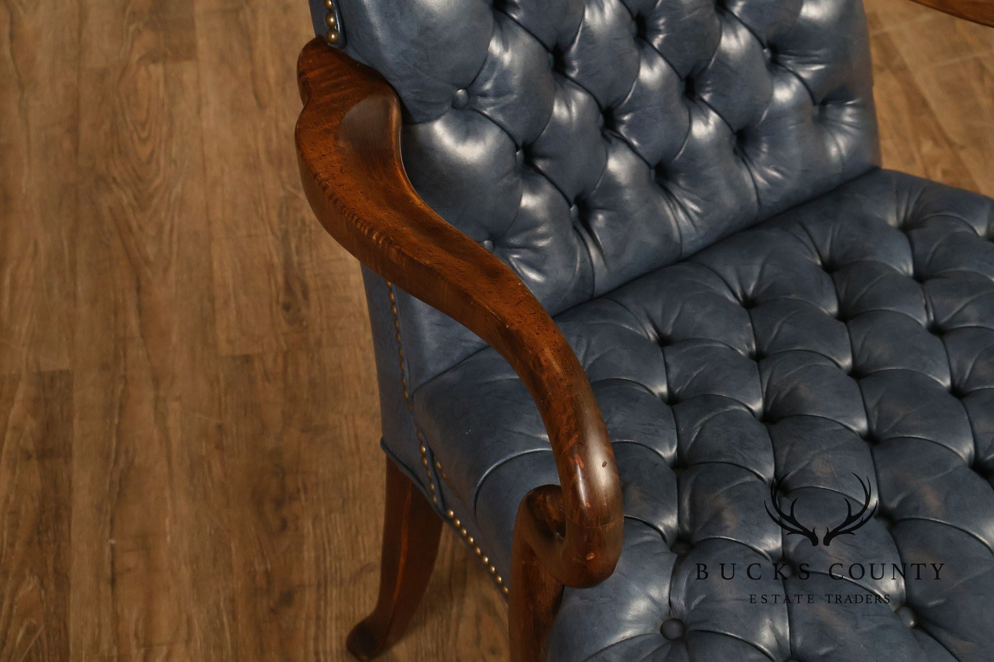 Ethan Allen Queen Anne Style Pair of Tufted Leather Library Armchairs