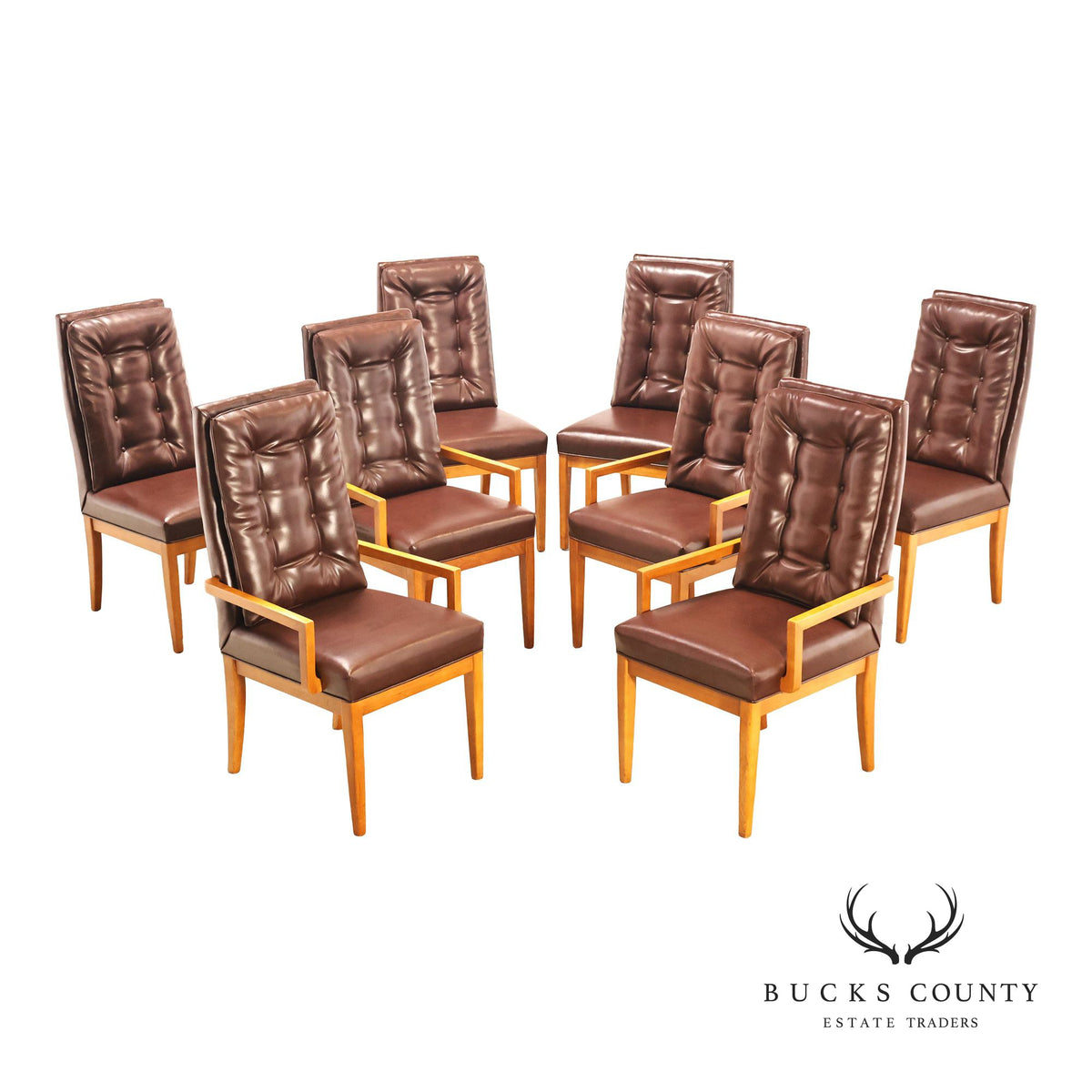 Mid Century Modern Set of Eight Walnut and Leather Dining Chairs