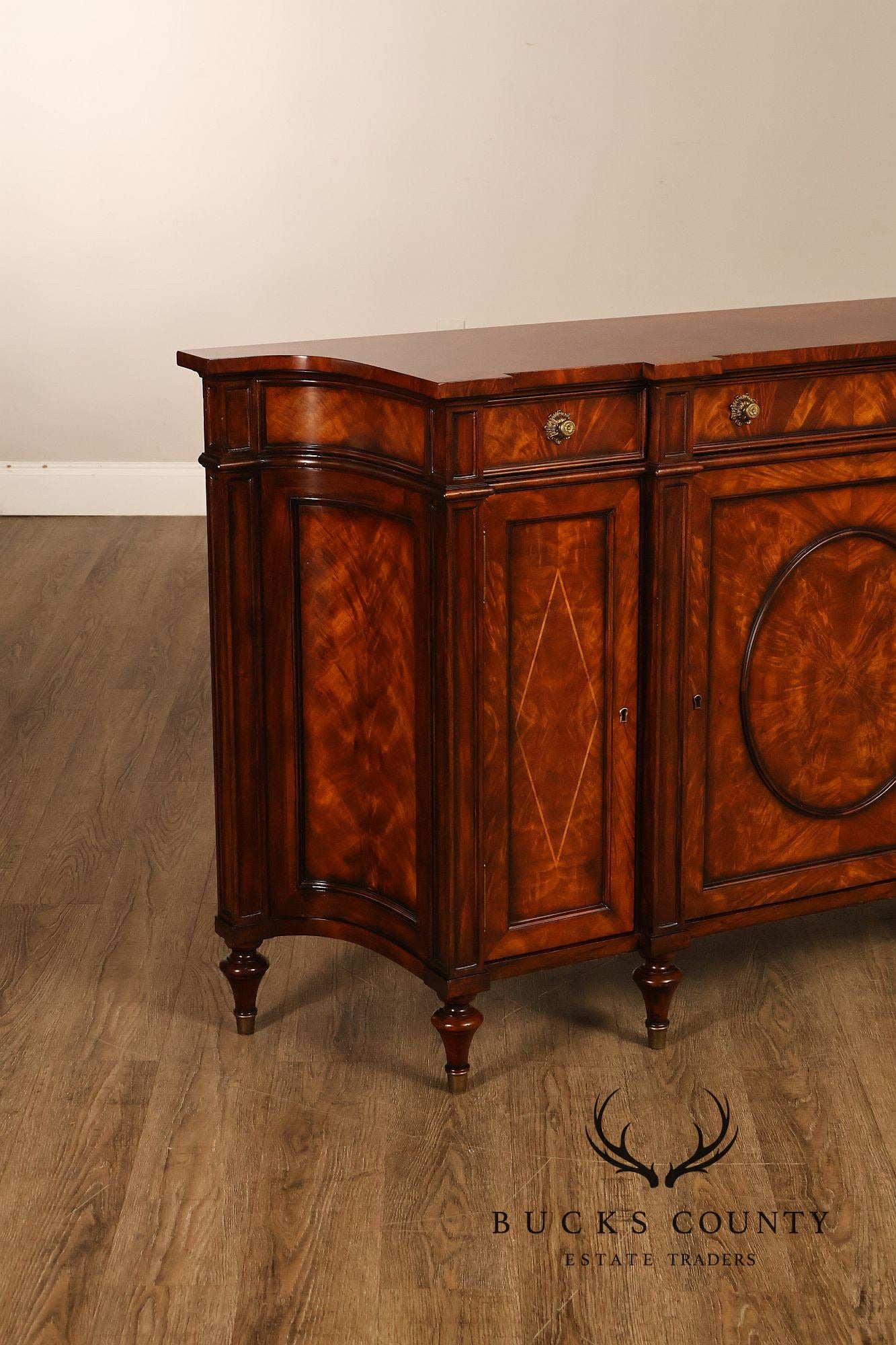 Theodore Alexander Replica Concave Mahogany And Burl Mahogany Sideboard Cabinet