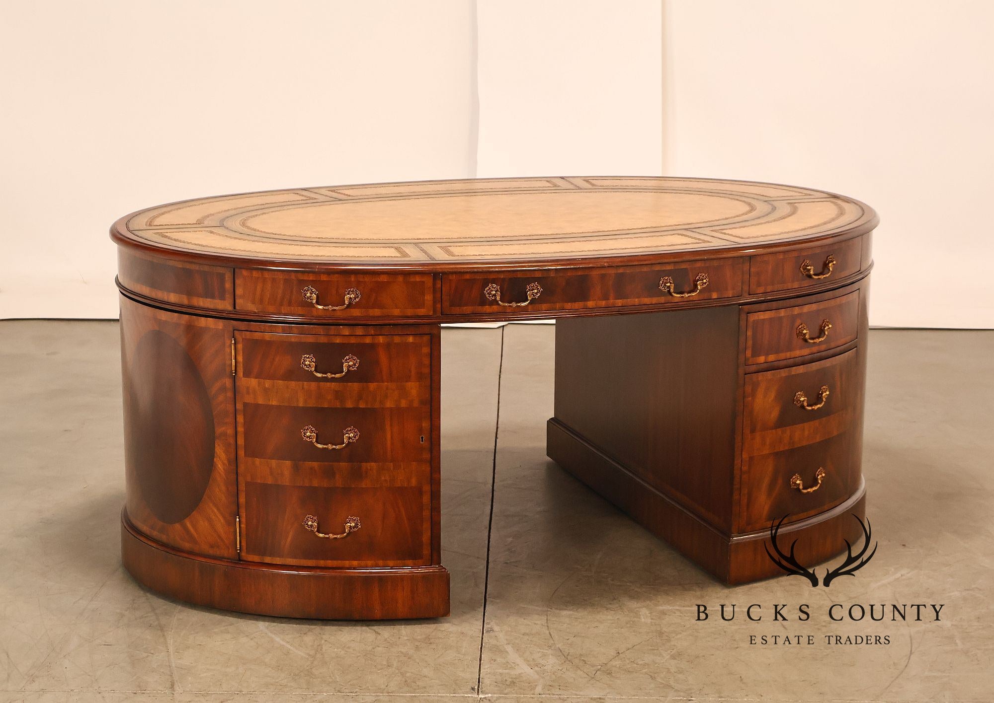 Maitland Smith Oval Mahogany Leather Top Executive Partner's Desk