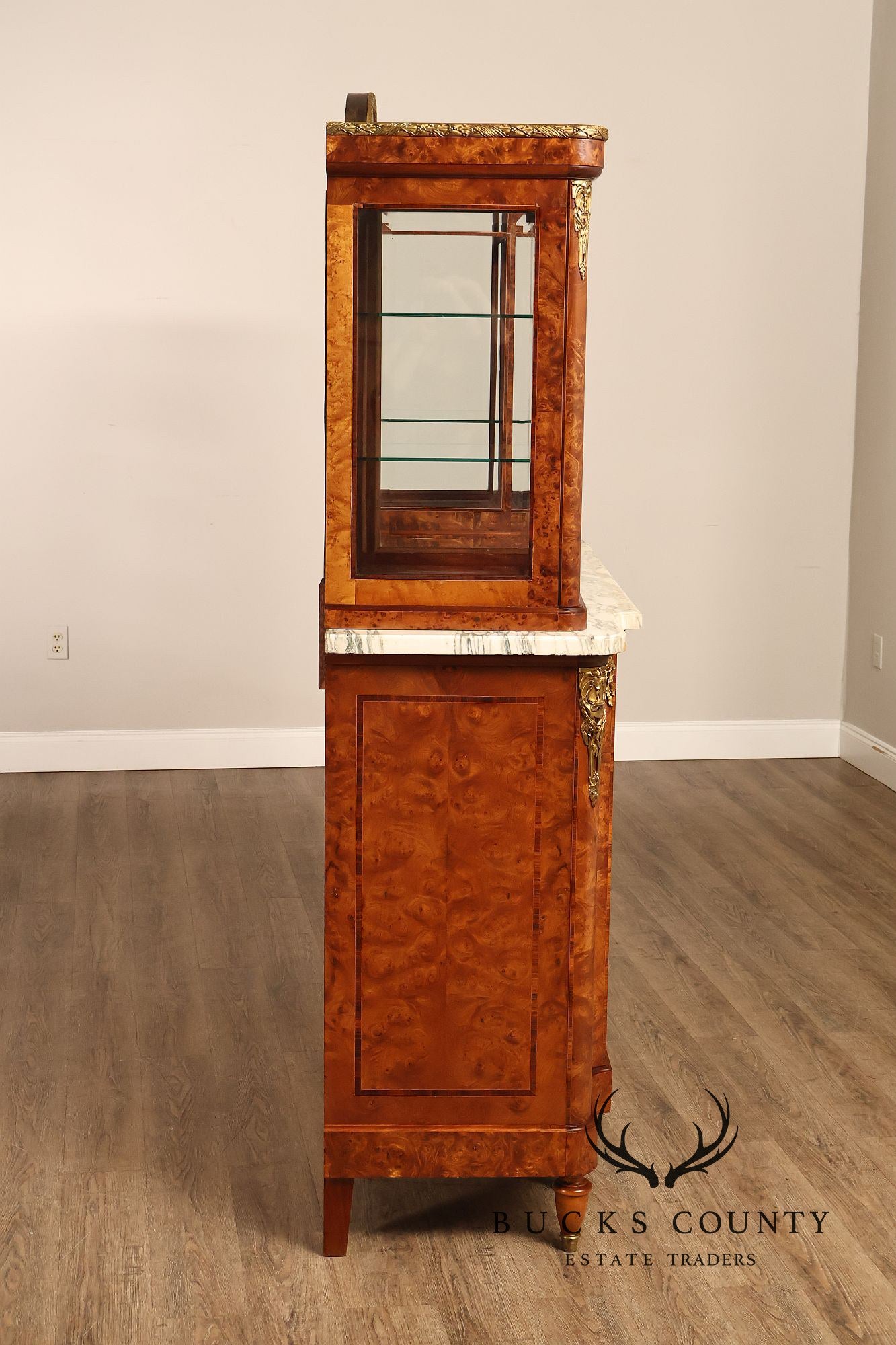 French Belle Époque Art Nouveau Burled Walnut Marble Top Sideboard With Display Cabinets