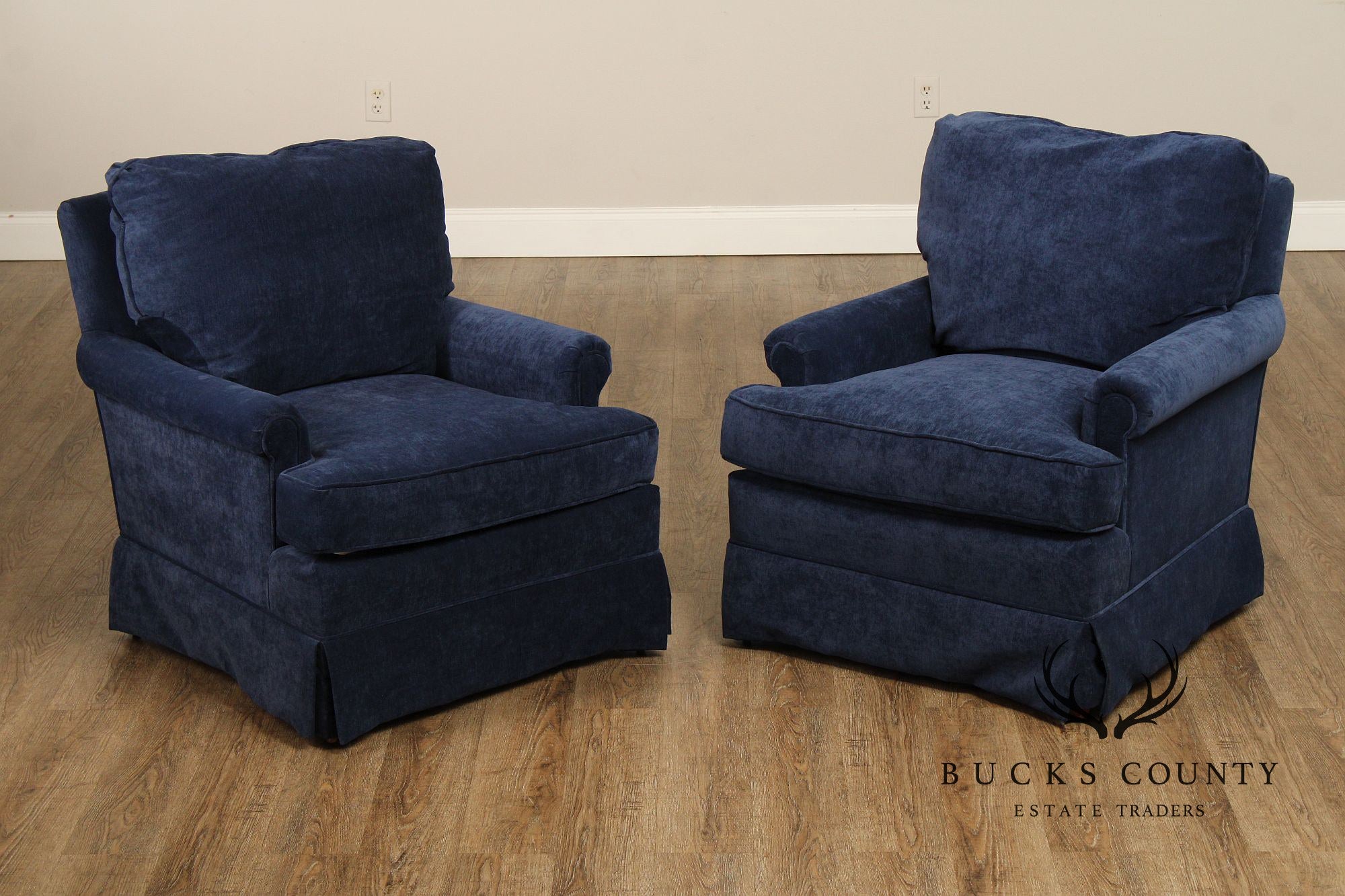 Quality Navy Blue Custom Upholstered Pair Of Armchairs