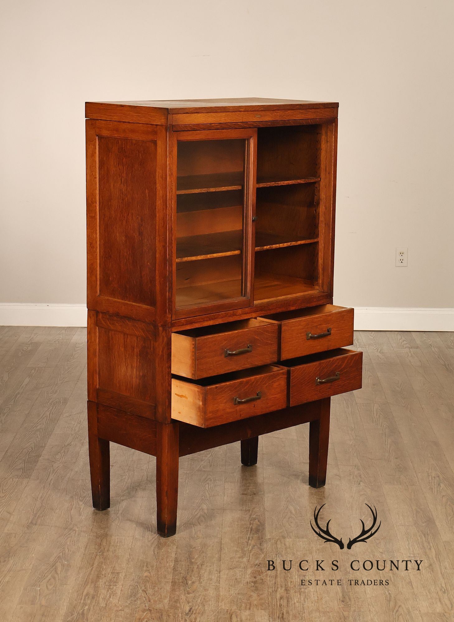 Globe Oak Sectional Bookcase Cabinet With Sliding Glass Doors And Drawers