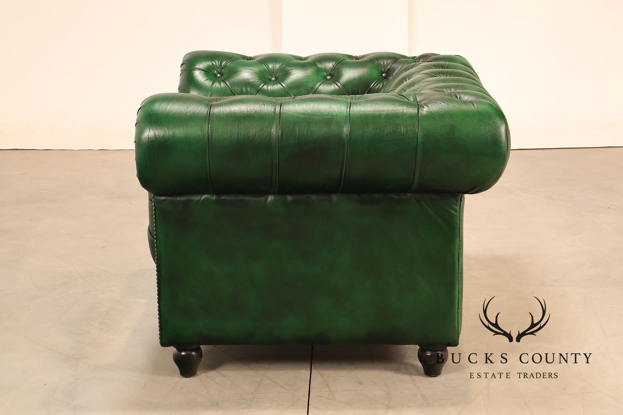 Chesterfield Style Pair of Green Leather Club Chairs