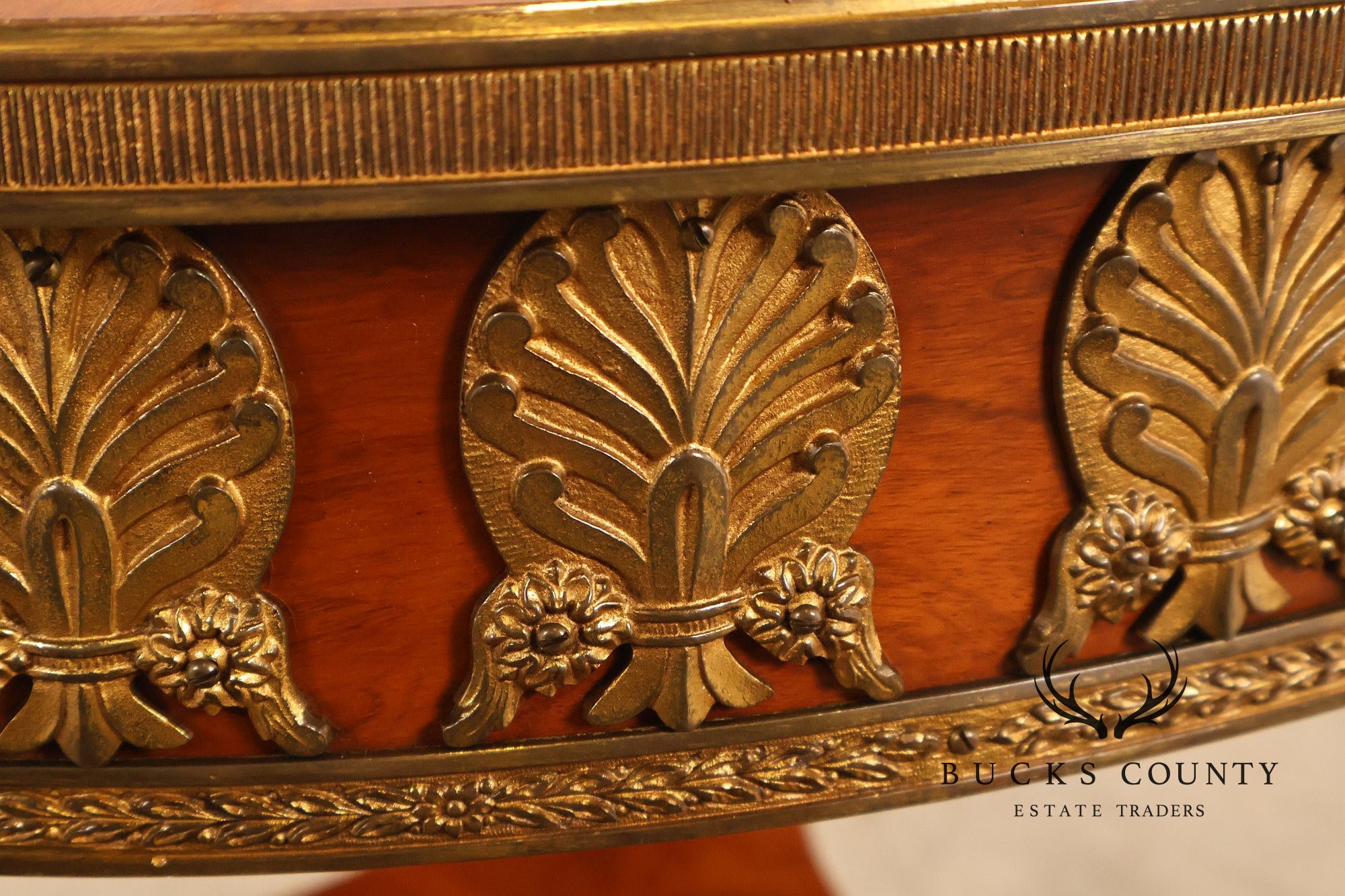 Empire Style Ormolu Mounted Round Marquetry Inlaid Cocktail Table