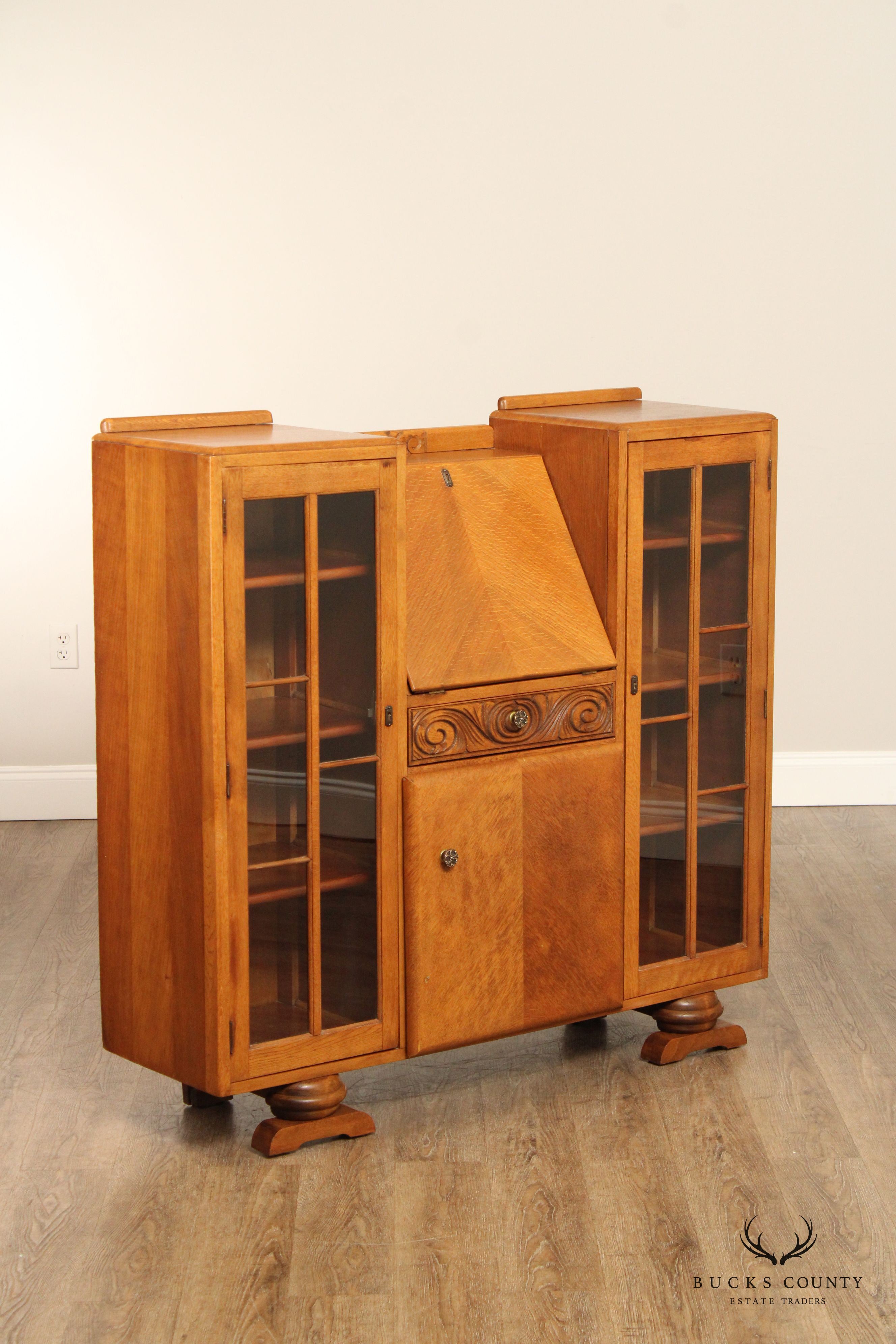 English Art Deco Carved Oak Secretary Bookcase