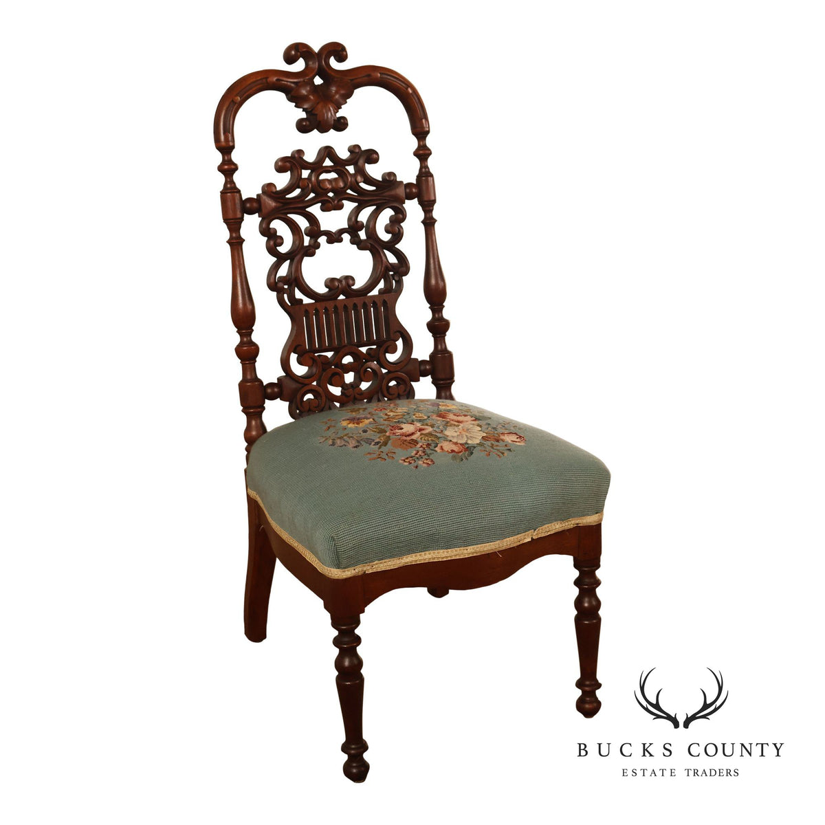 Antique Victorian Carved Mahogany Needlepoint Side Chair
