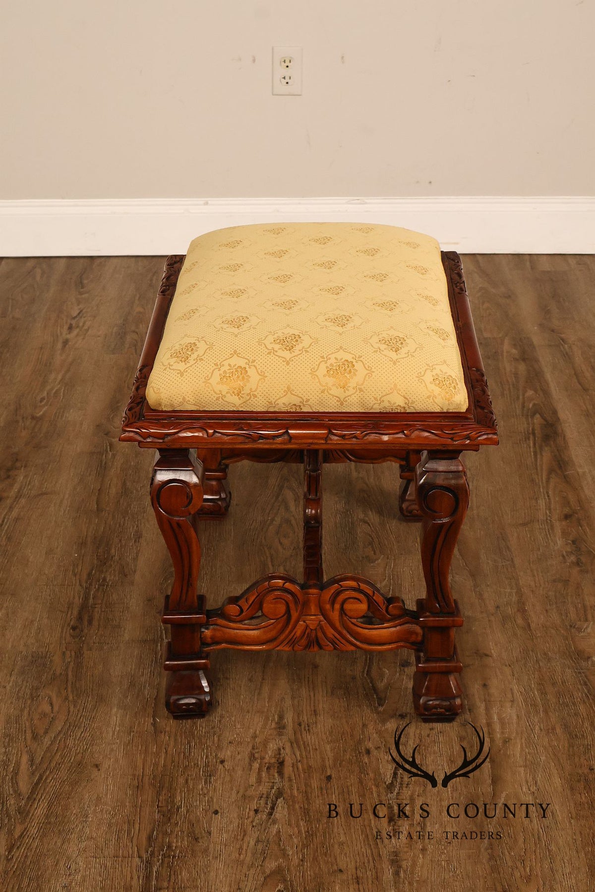 Victorian Style Carved Wood Upholstered Bench