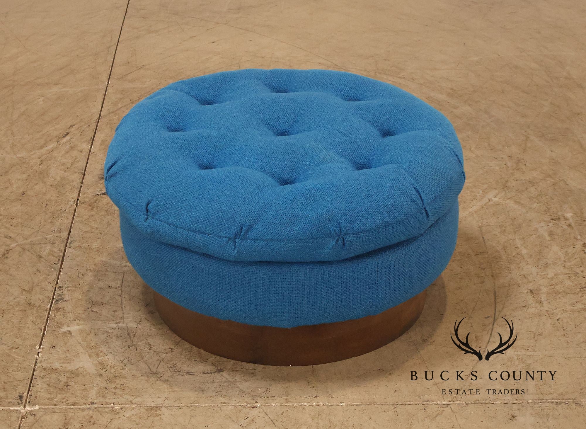 Vintage Schnadig Mid Century Modern Round Blue Upholstered Ottoman