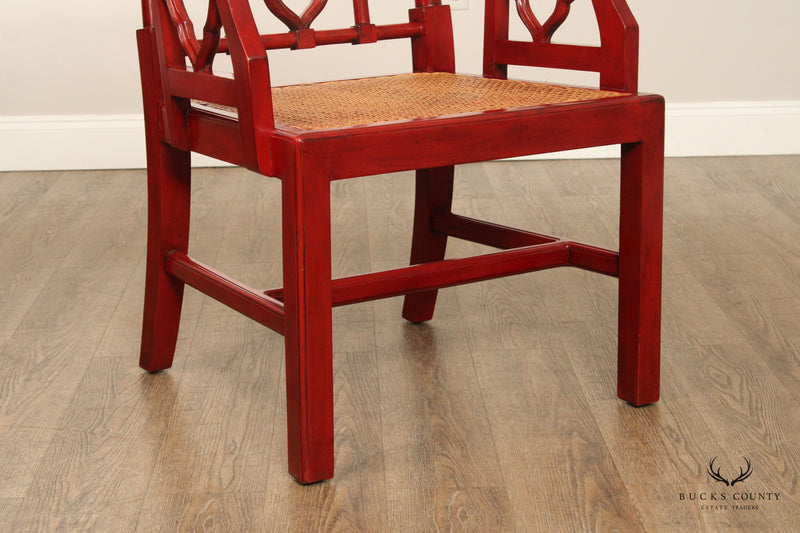 Chinese Chippendale Style Pair of Red Lacquered Dining Armchairs