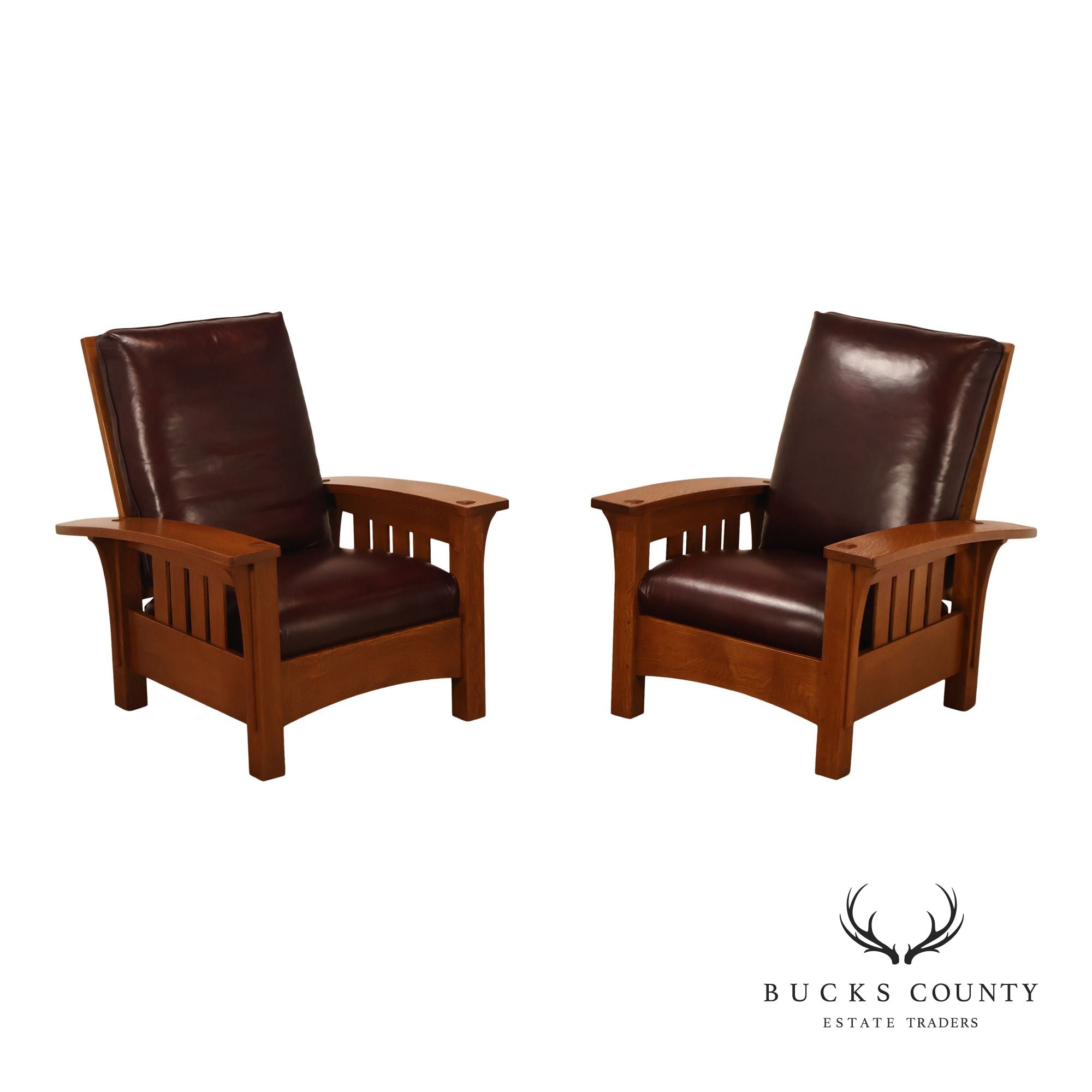 Stickley Mission Collection Pair Of Oak & Leather Bow Arm Morris Chairs
