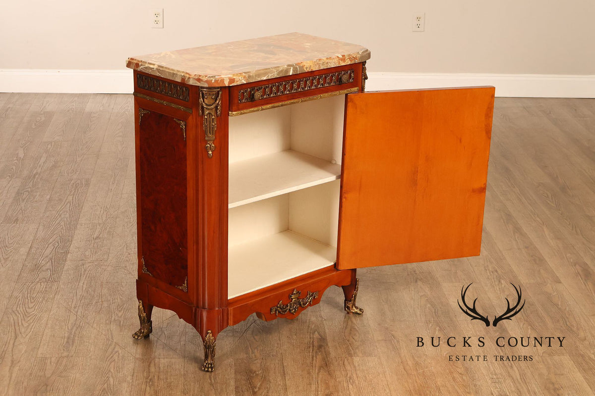 Louis XVI Style Marble Top Marquetry And Bronze Mounted Cabinet