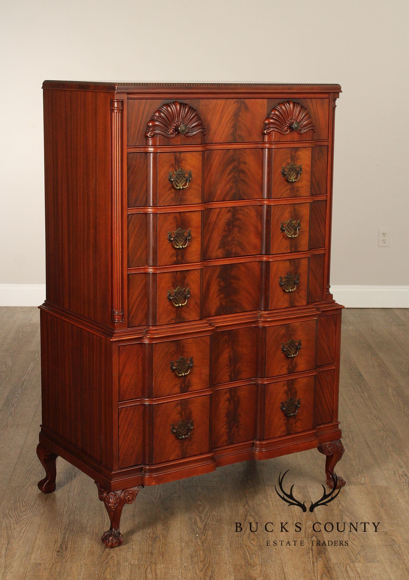 1940's Chippendale Style Shell Carved Flame Mahogany Blockfront Tall Chest