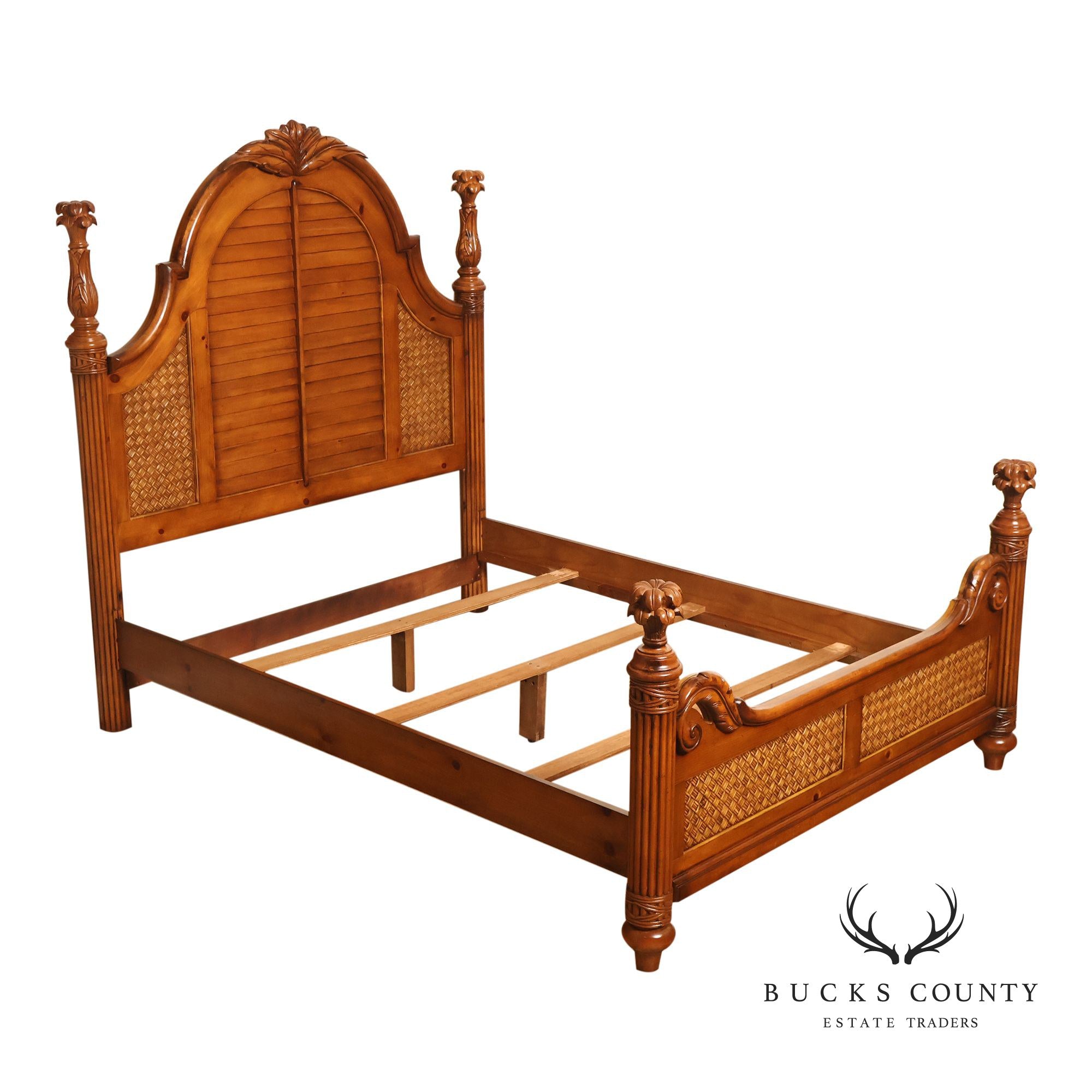 Tropical British Colonial Style Carved Wood Queen Poster Bed