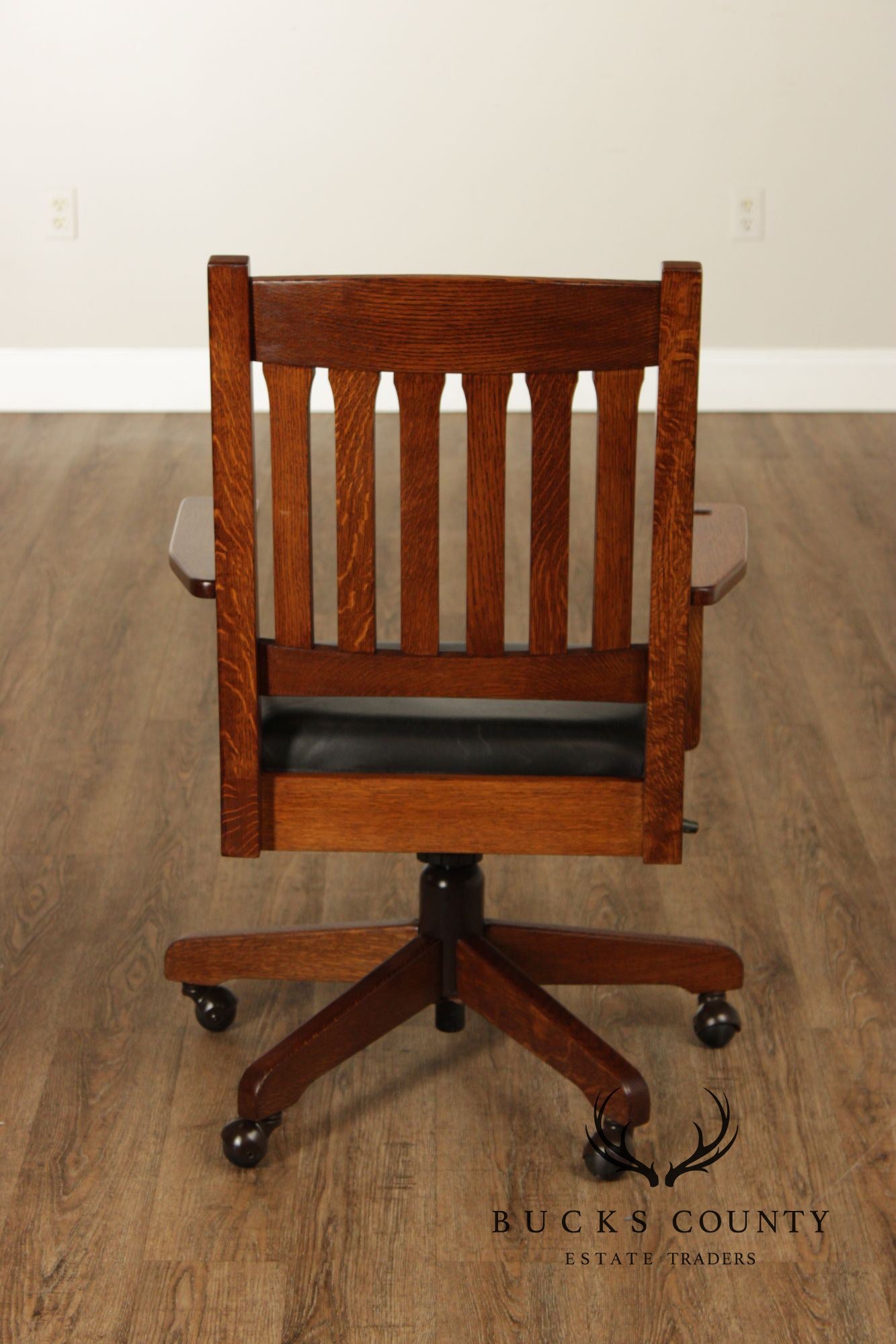 Stickley Mission Collection Oak Swivel Desk Chair With Black Leather Seat