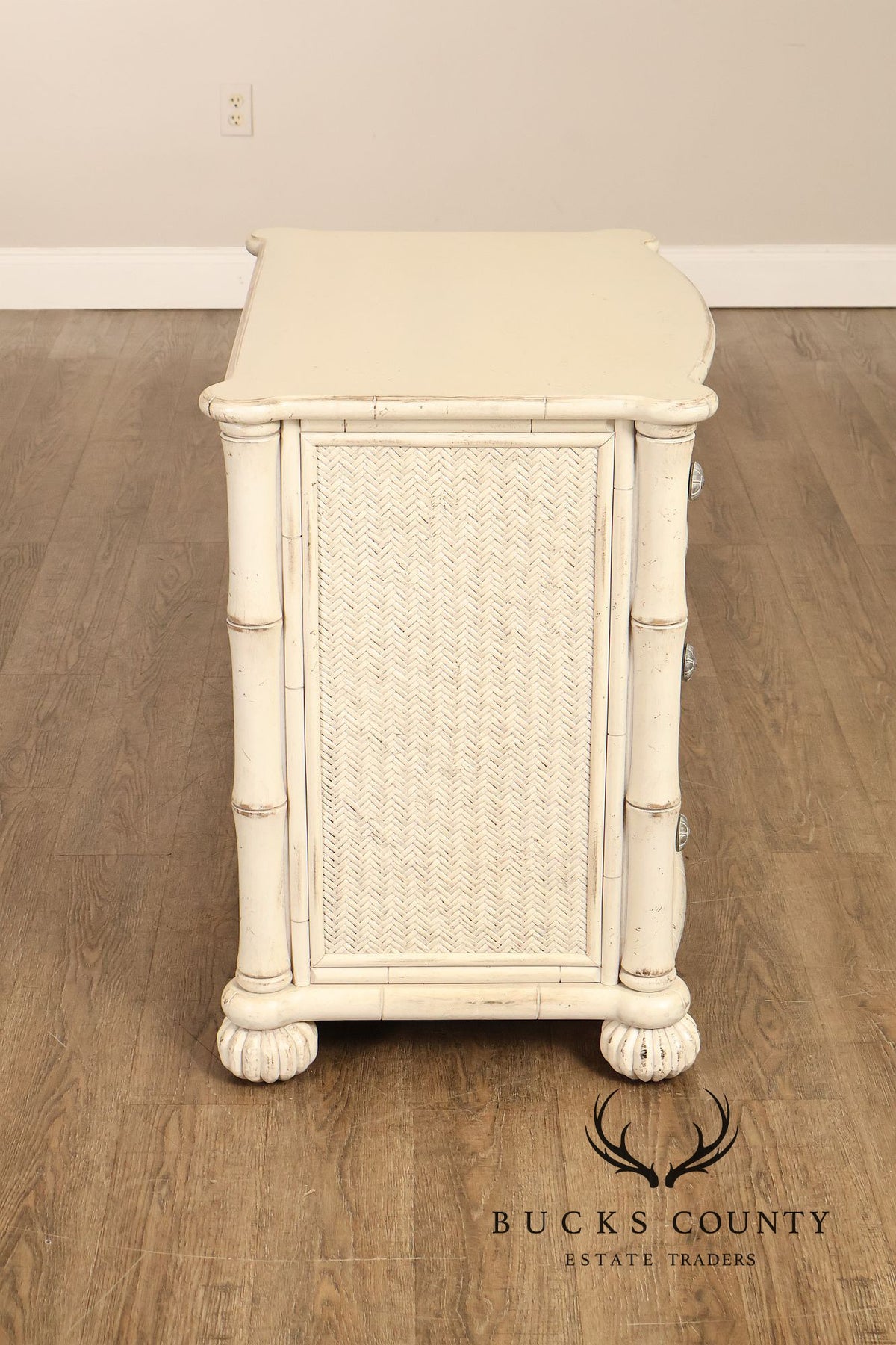 Pair Of Tommy Bahama By Lexington Painted Woven Rattan Three Drawer Nightstands