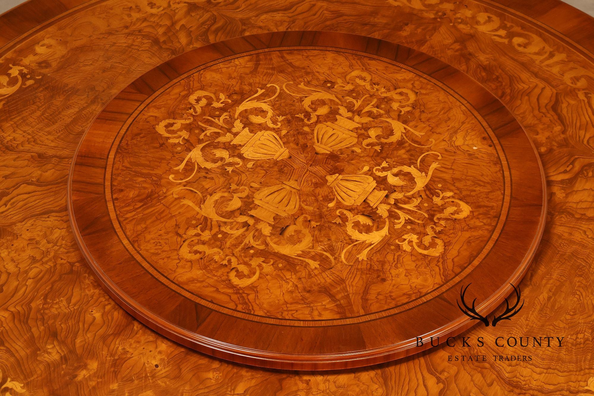 Italian 72" Round Inlaid Burl Wood Dining Table With Lazy Susan
