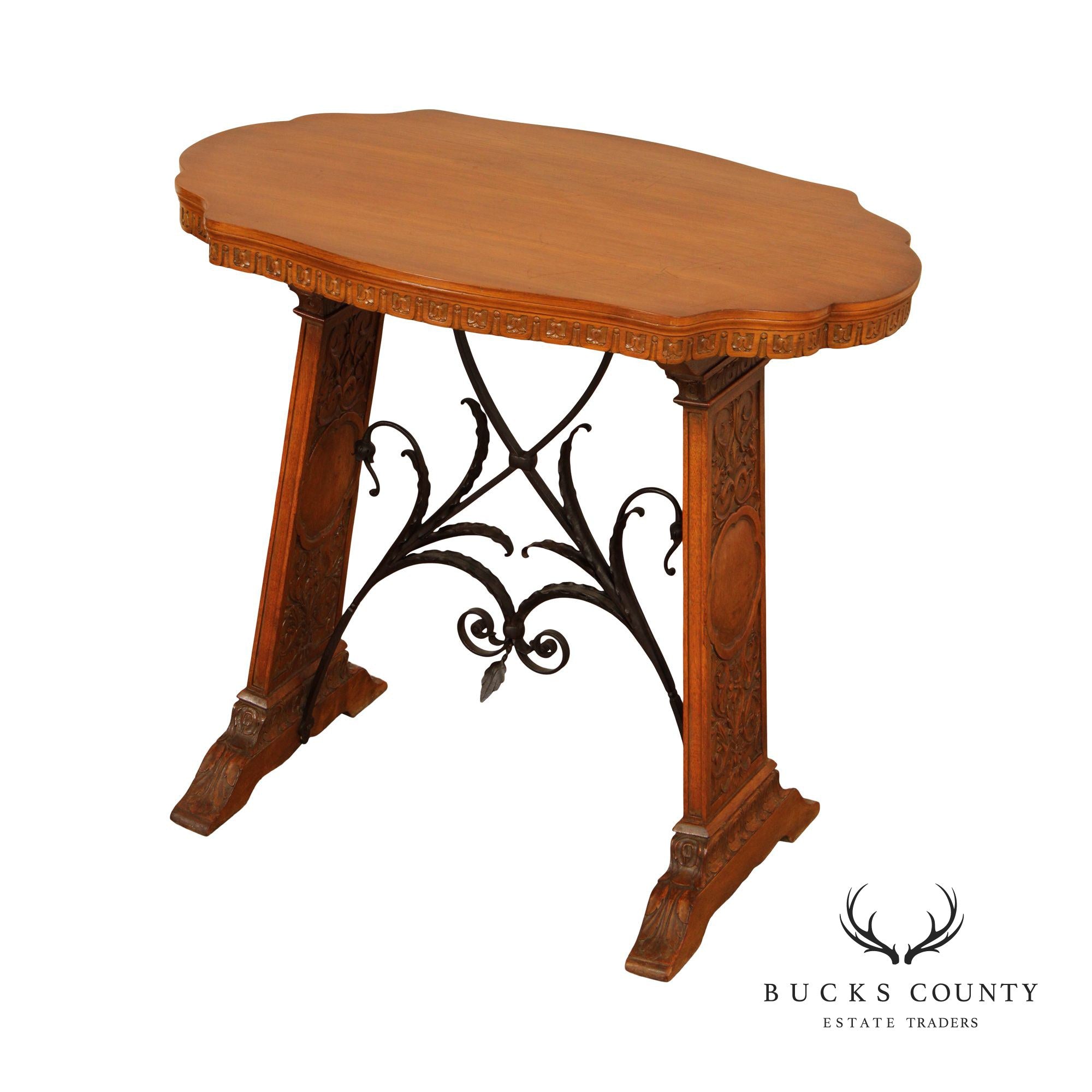 Antique Spanish Revival Carved Oak And Forged Iron Trestle Side Table