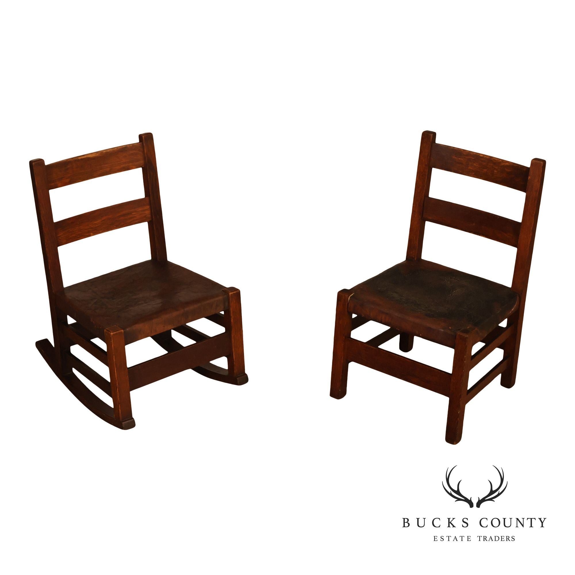 Antique Gustav Stickley Arts And Crafts Oak Child's Chair And Rocker