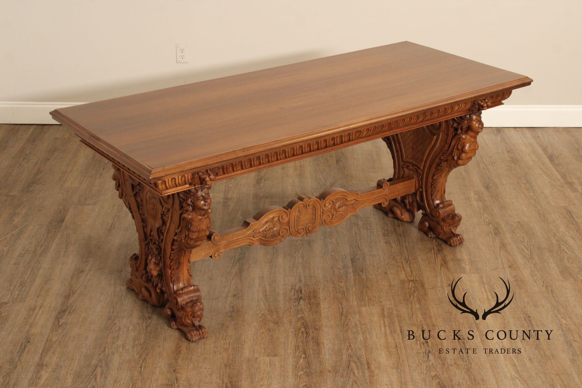 Antique Italian Renaissance Revival Carved Walnut Library Table