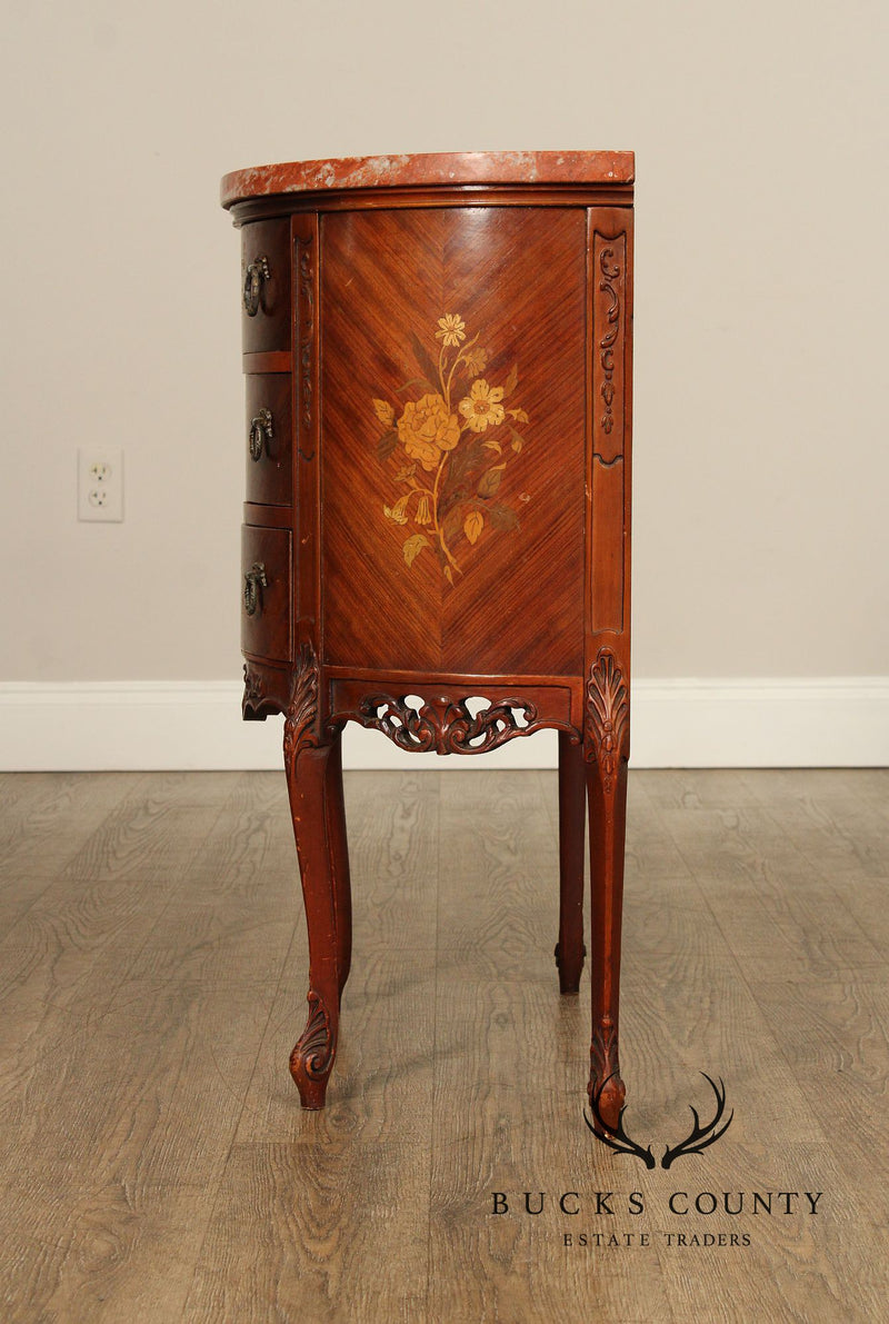 1930's French Louis XV Style Pair Marquetry Inlaid Marble Top Nightstands or Side Chests