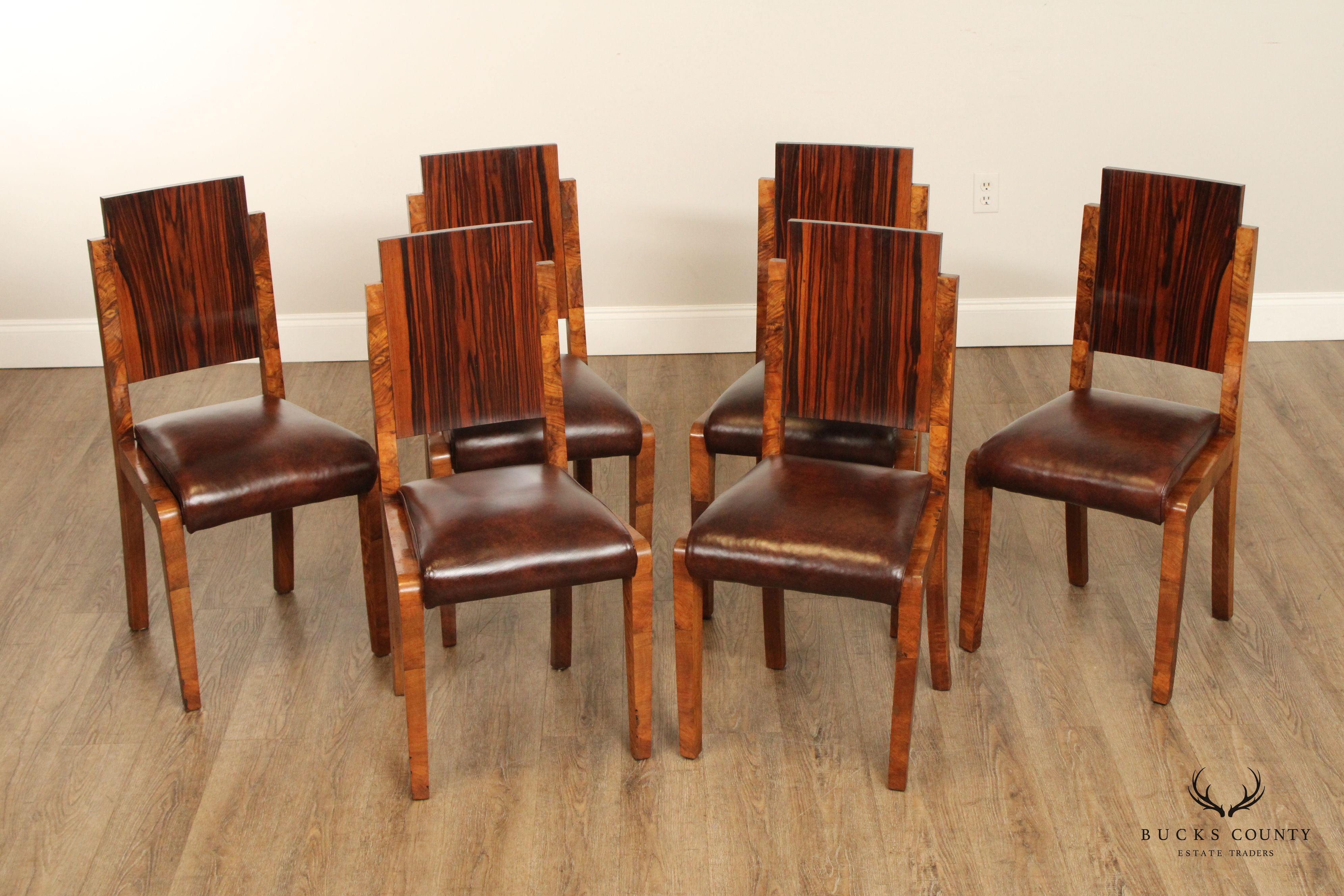 Art Deco Period Set of Six Rosewood and Walnut Dining Chairs