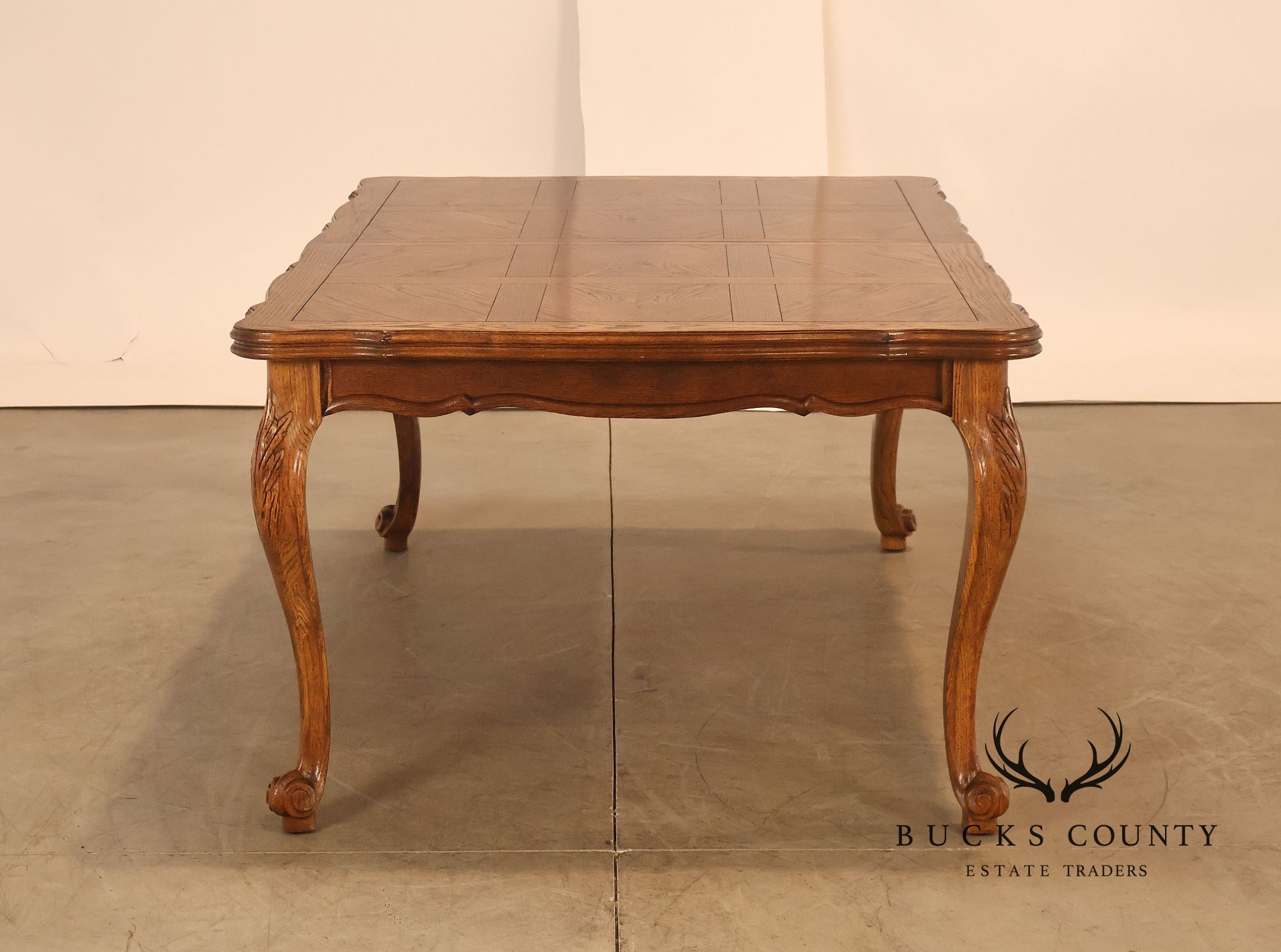 Century French Country Oak Parquet Top Expandable Dining Table With 2 Leaves