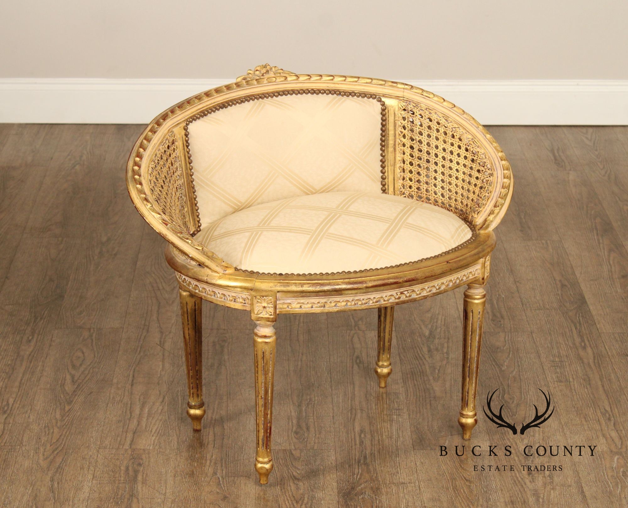 French Louis XVI Style Giltwood and Caned Vanity Stool