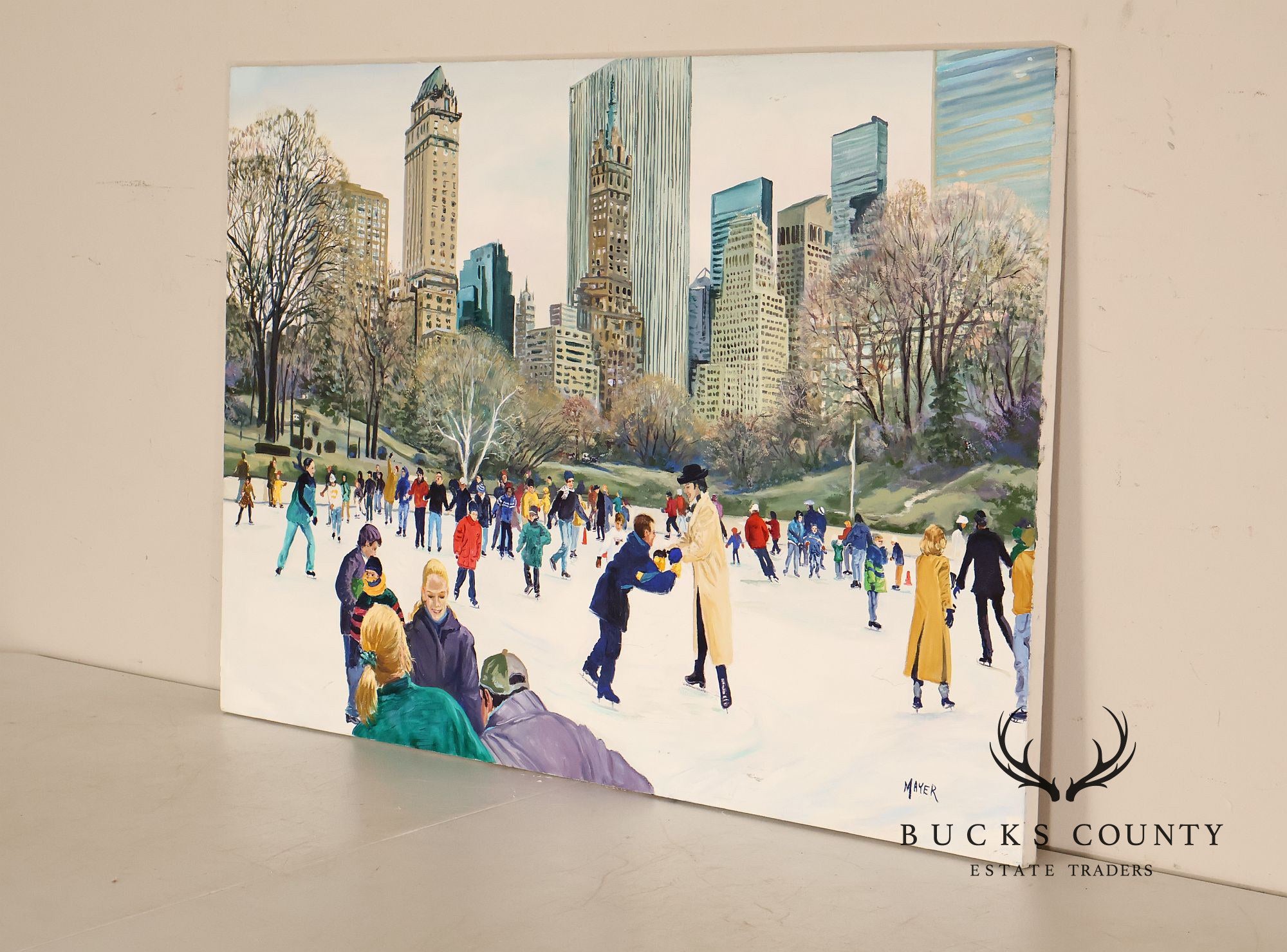 Ruth Mayer Central Park Ice Skating Landscape Original Oil Painting On Canvas