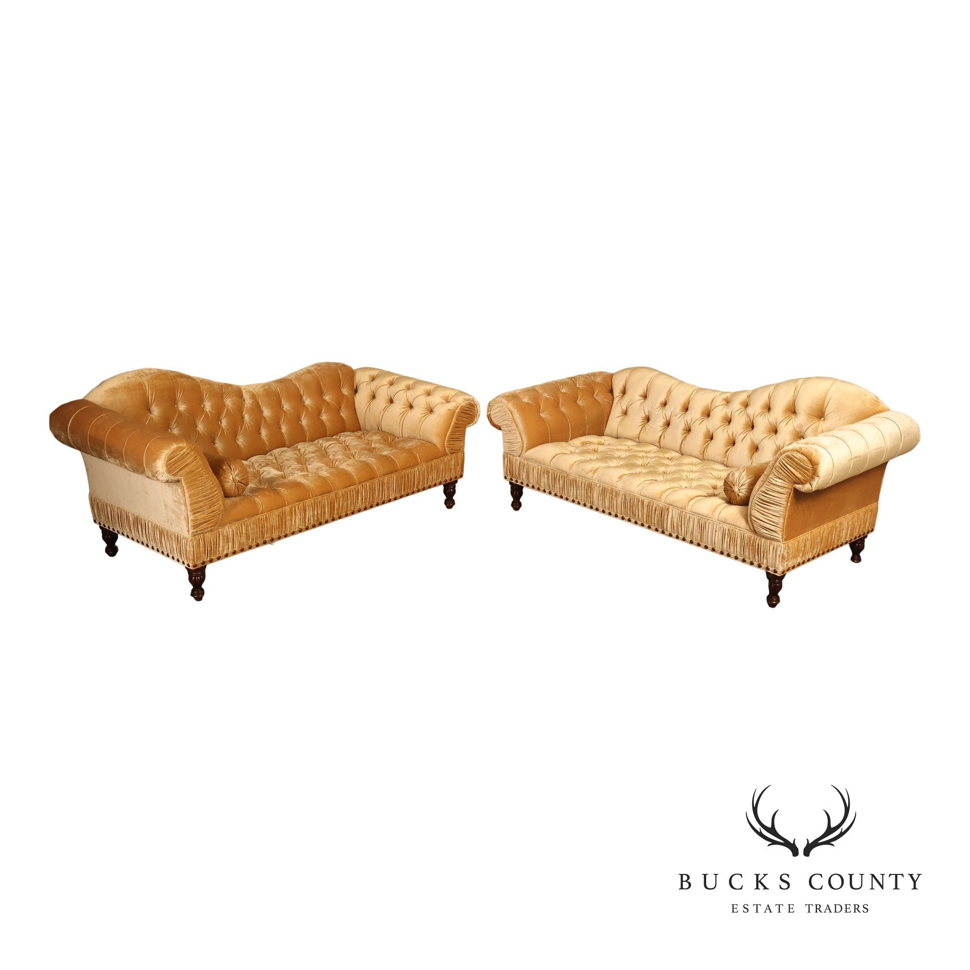 EJ Victor Victorian Revival Pair of Serpentine Tufted Velvet Sofas