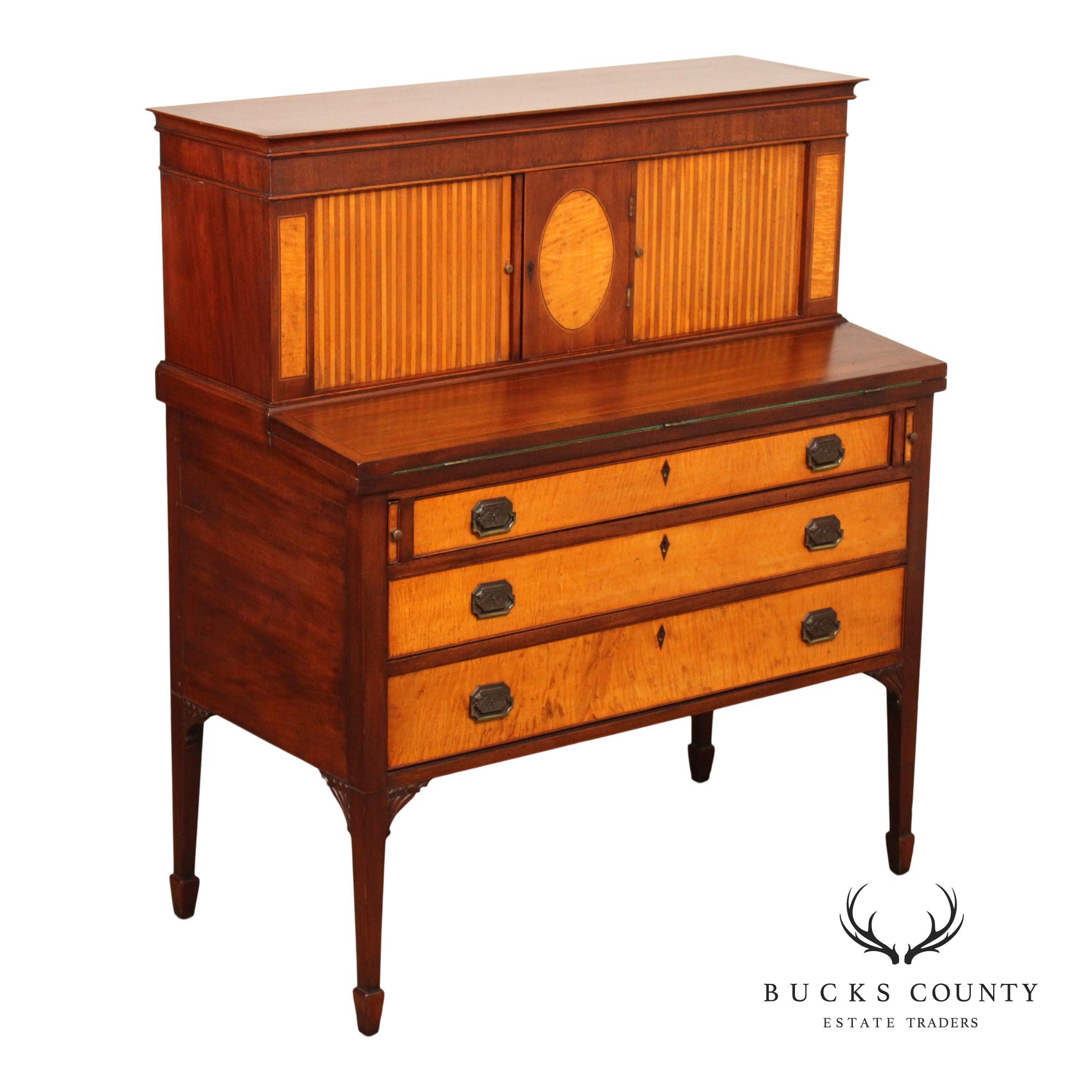 Federal Style Inlaid Mahogany And Tiger Maple Tambour Door Writing Desk