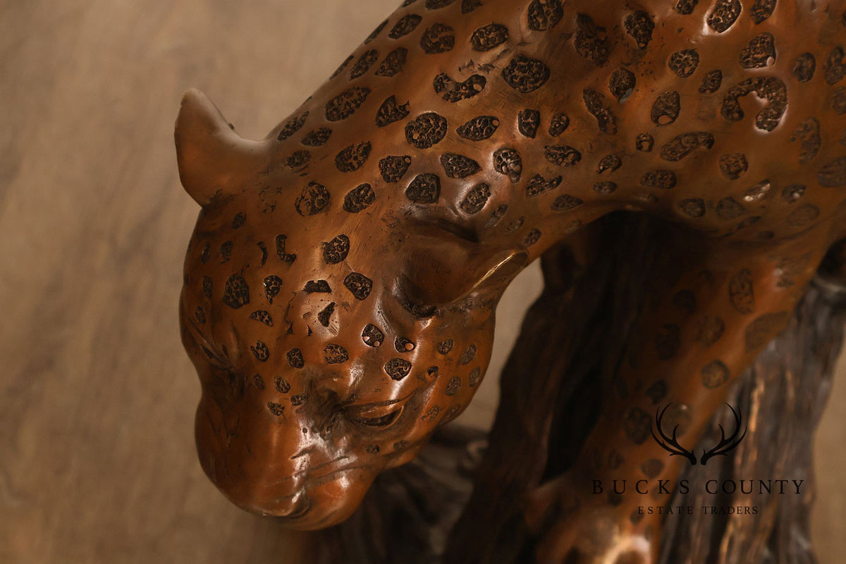Large Bronze Leopard Sculpture On Tree Stump Base