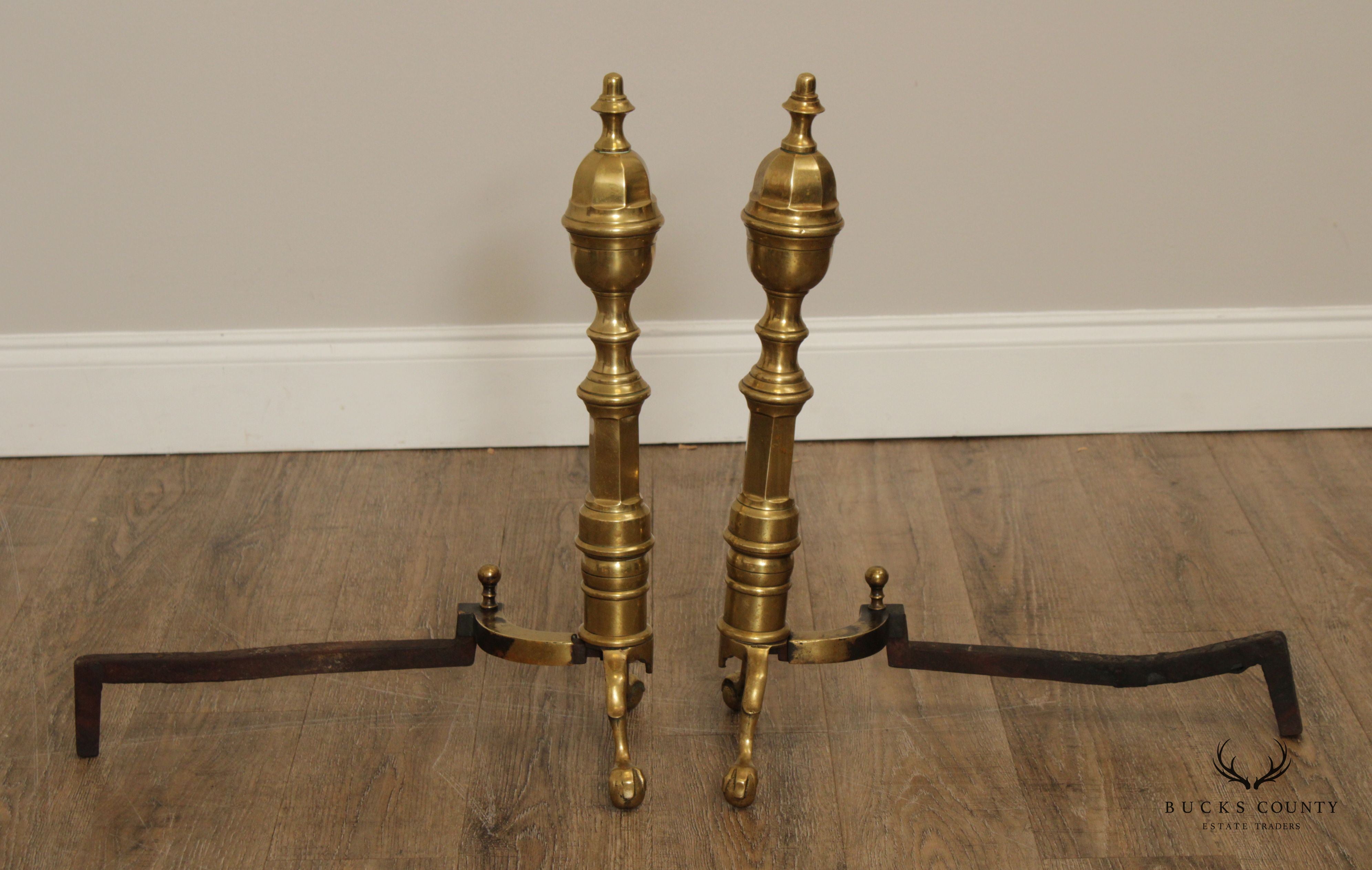 CHIPPENDALE STYLE QUALITY PAIR OF BRASS FIREPLACE ANDIRONS