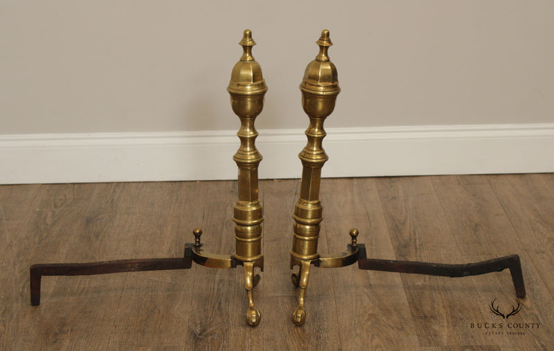 CHIPPENDALE STYLE QUALITY PAIR OF BRASS FIREPLACE ANDIRONS