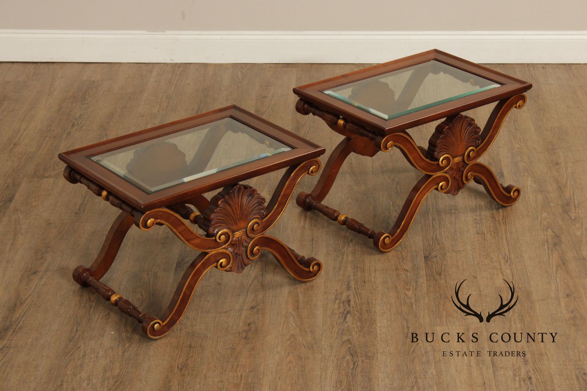 Karges Georgian Style X-Base Mahogany and Glass Tea Tables