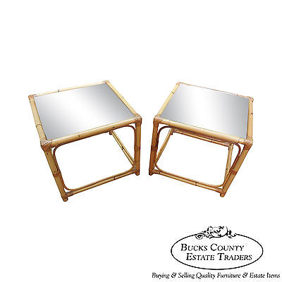 Vintage Quality Rattan Pair of Square Cube End Tables (B)
