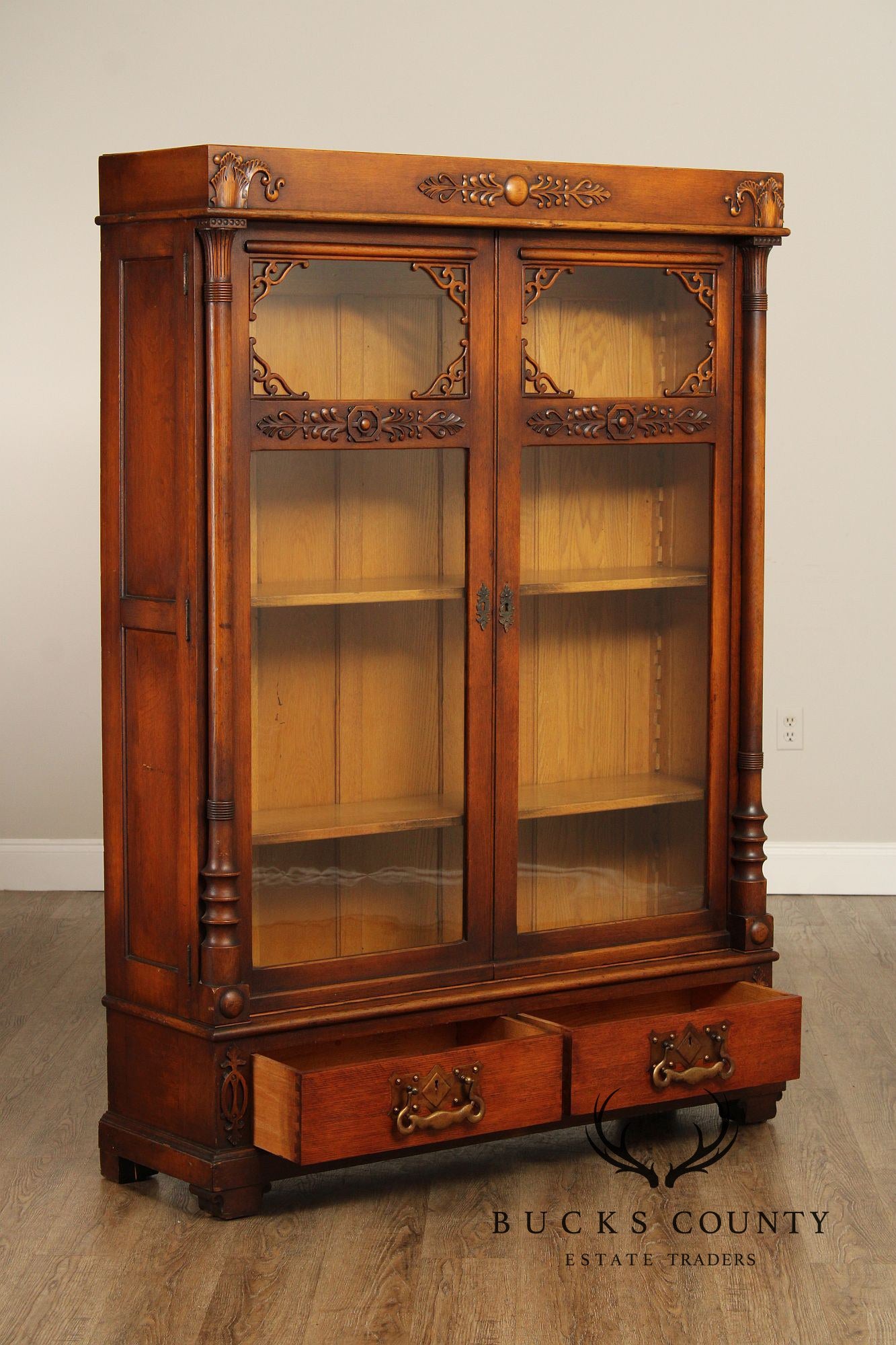 Antique Victorian Carved Oak Two-Door Bookcase