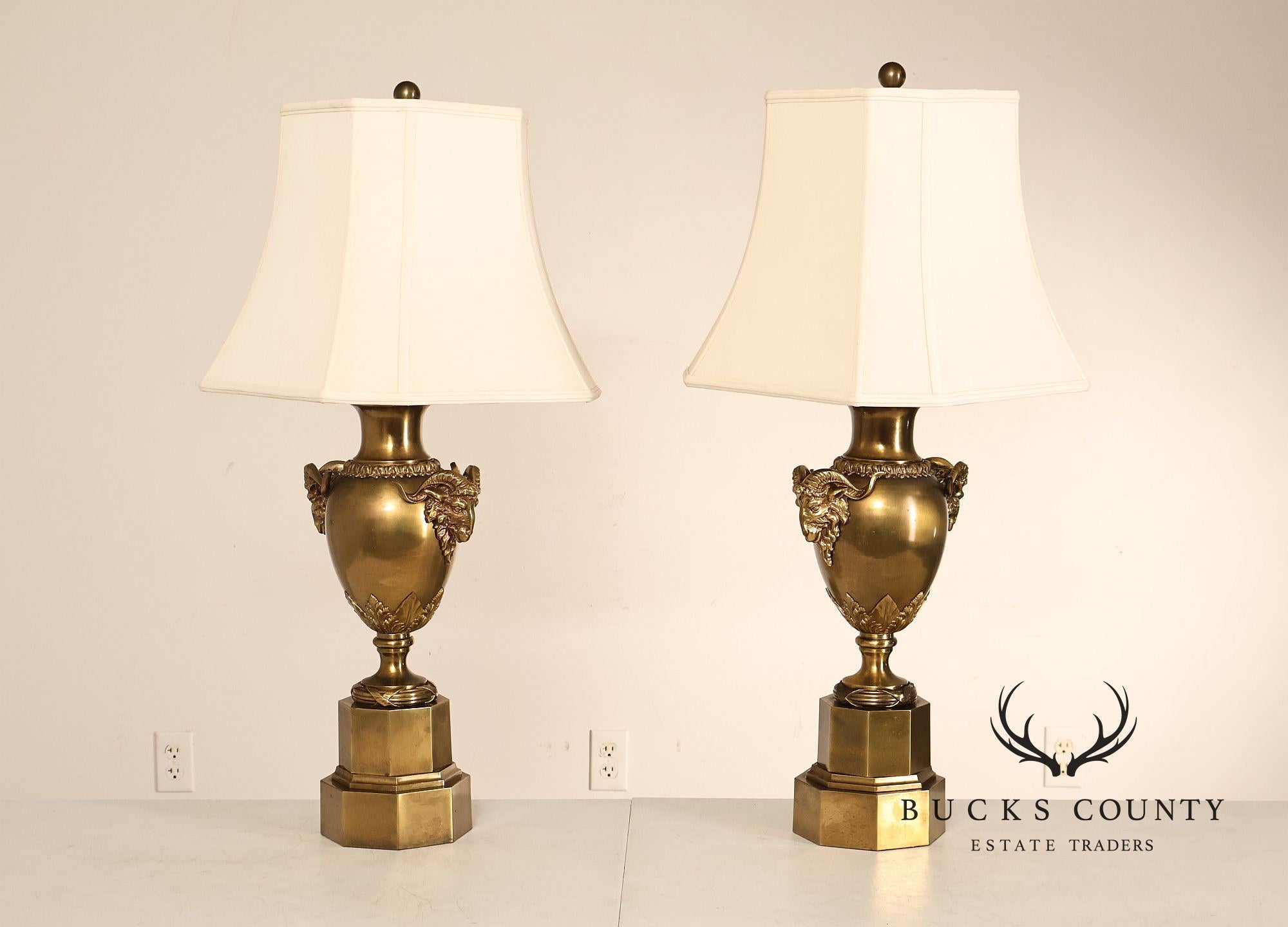Chapman Vintage Pair of Brass Ram's Head Table Lamps
